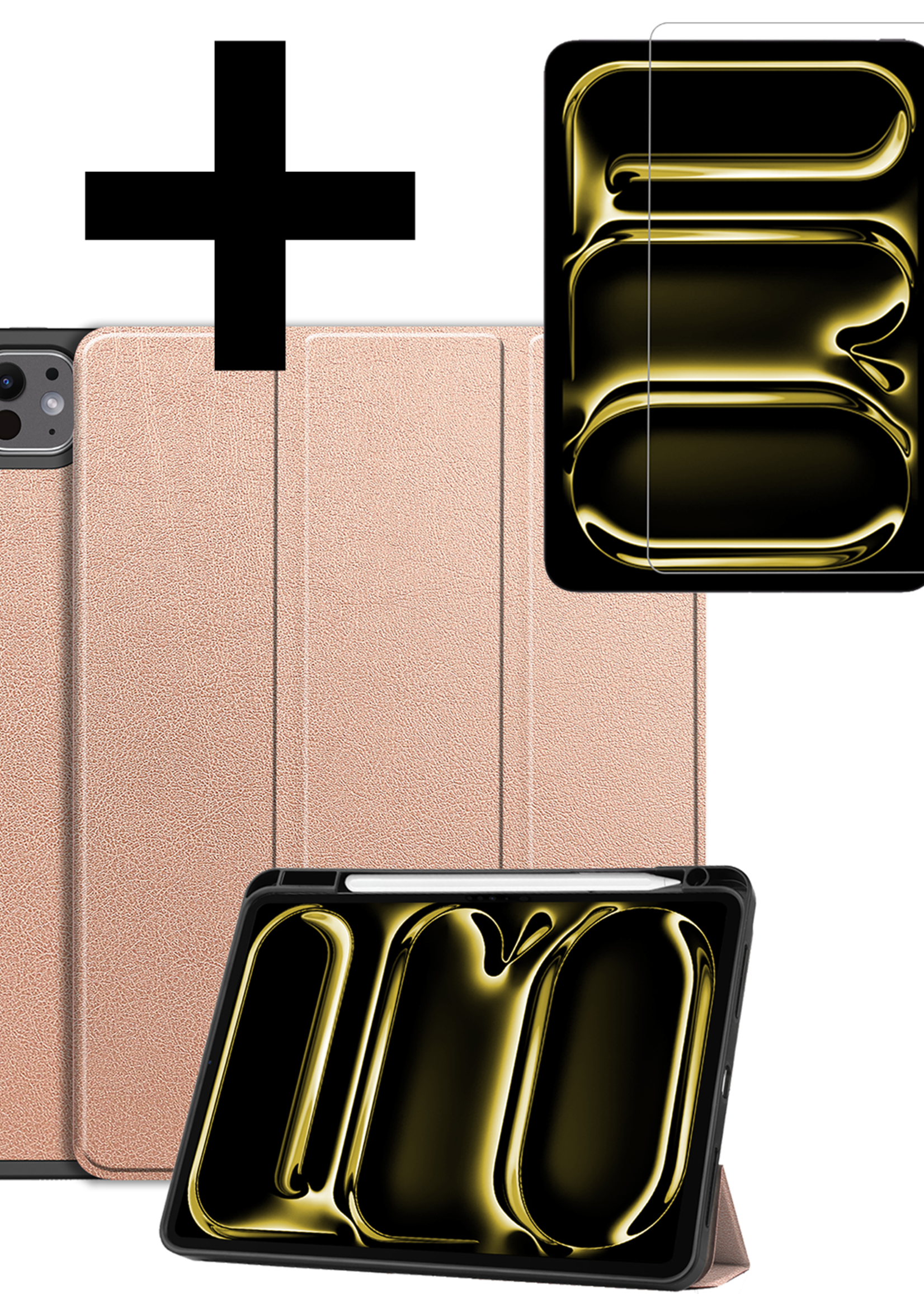 LUQ Hoes Geschikt voor iPad Pro 2024 (11 inch) Hoes Luxe Hoesje Case Met Uitsparing Geschikt voor Apple Pencil Met Screenprotector - Hoesje Geschikt voor iPad Pro 2024 11 inch (7e generatie) Hoes Cover - Rosé goud