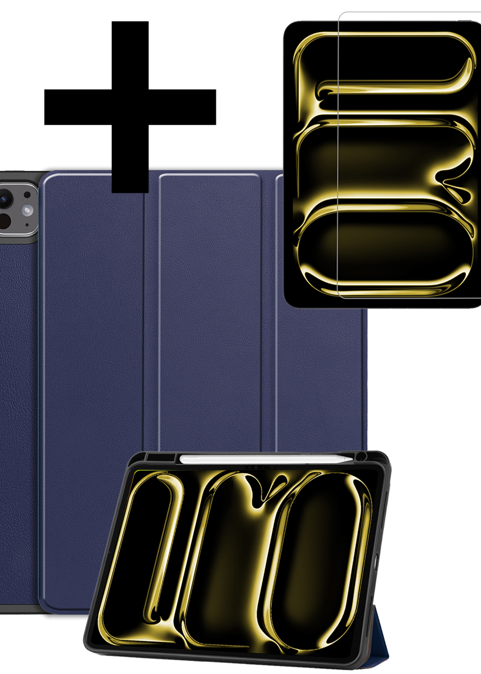 LUQ Hoes Geschikt voor iPad Pro 2024 (13 inch) Hoes Luxe Hoesje Case Met Uitsparing Geschikt voor Apple Pencil Met Screenprotector - Hoesje Geschikt voor iPad Pro 2024 13 inch (7e generatie) Hoes Cover - Donkerblauw