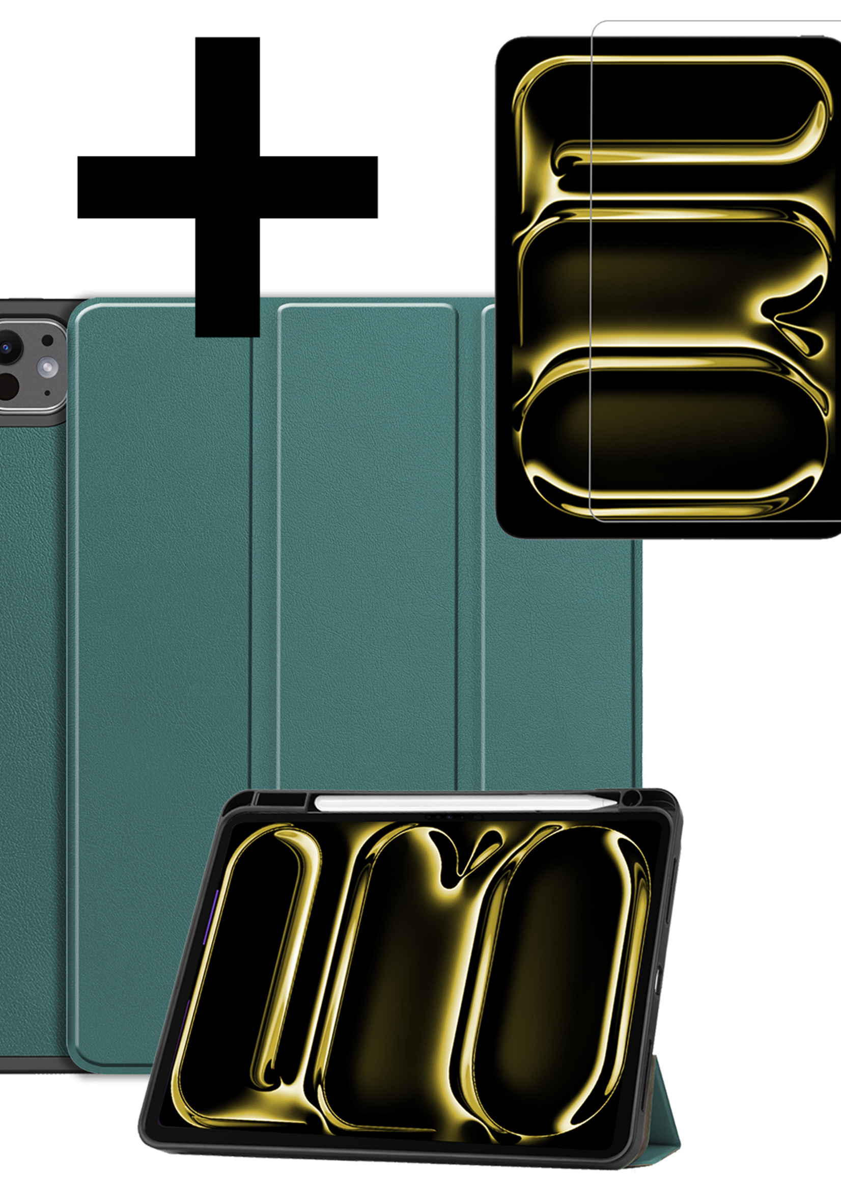 LUQ Hoes Geschikt voor iPad Pro 2024 (13 inch) Hoes Luxe Hoesje Case Met Uitsparing Geschikt voor Apple Pencil Met Screenprotector - Hoesje Geschikt voor iPad Pro 2024 13 inch (7e generatie) Hoes Cover - Donkergroen