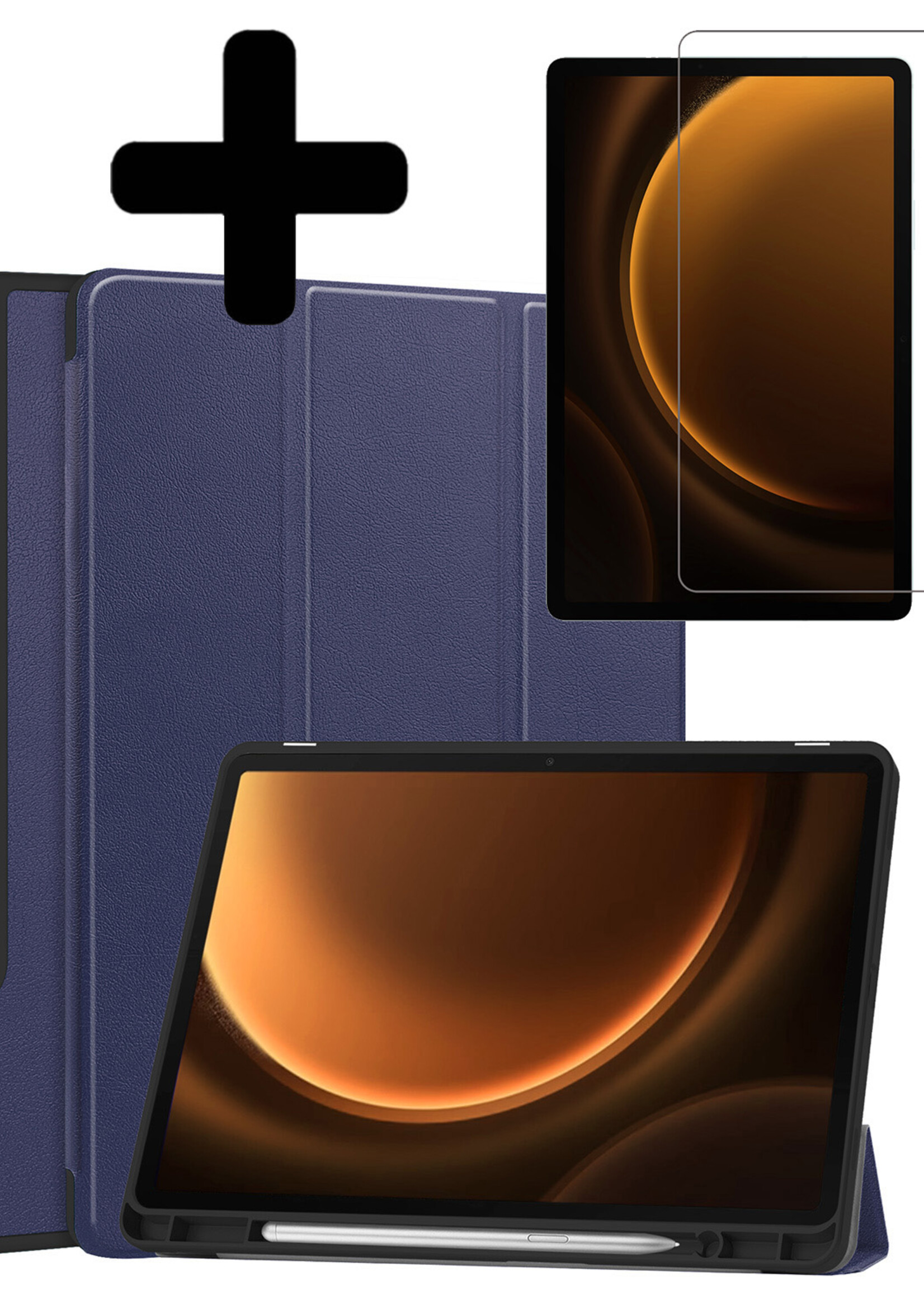 LUQ Hoes Geschikt voor Samsung Galaxy Tab S9 FE Plus Hoes Luxe Hoesje Case Met Uitsparing Geschikt voor S Pen Met Screenprotector - Hoesje Geschikt voor Samsung Tab S9 FE Plus Hoes Cover - Donkerblauw