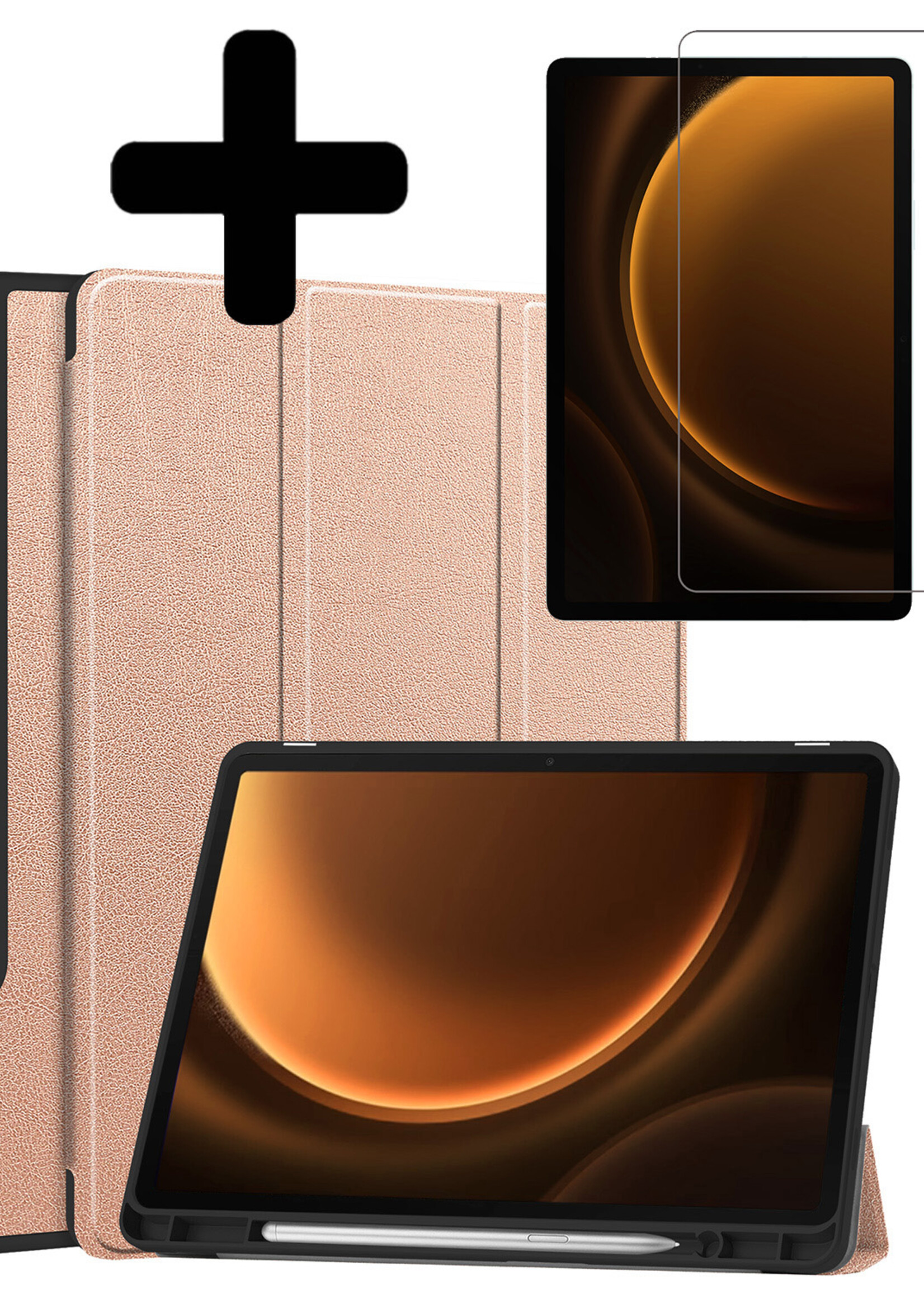LUQ Hoes Geschikt voor Samsung Galaxy Tab S9 FE Plus Hoes Luxe Hoesje Case Met Uitsparing Geschikt voor S Pen Met Screenprotector - Hoesje Geschikt voor Samsung Tab S9 FE Plus Hoes Cover - Rosé Goud