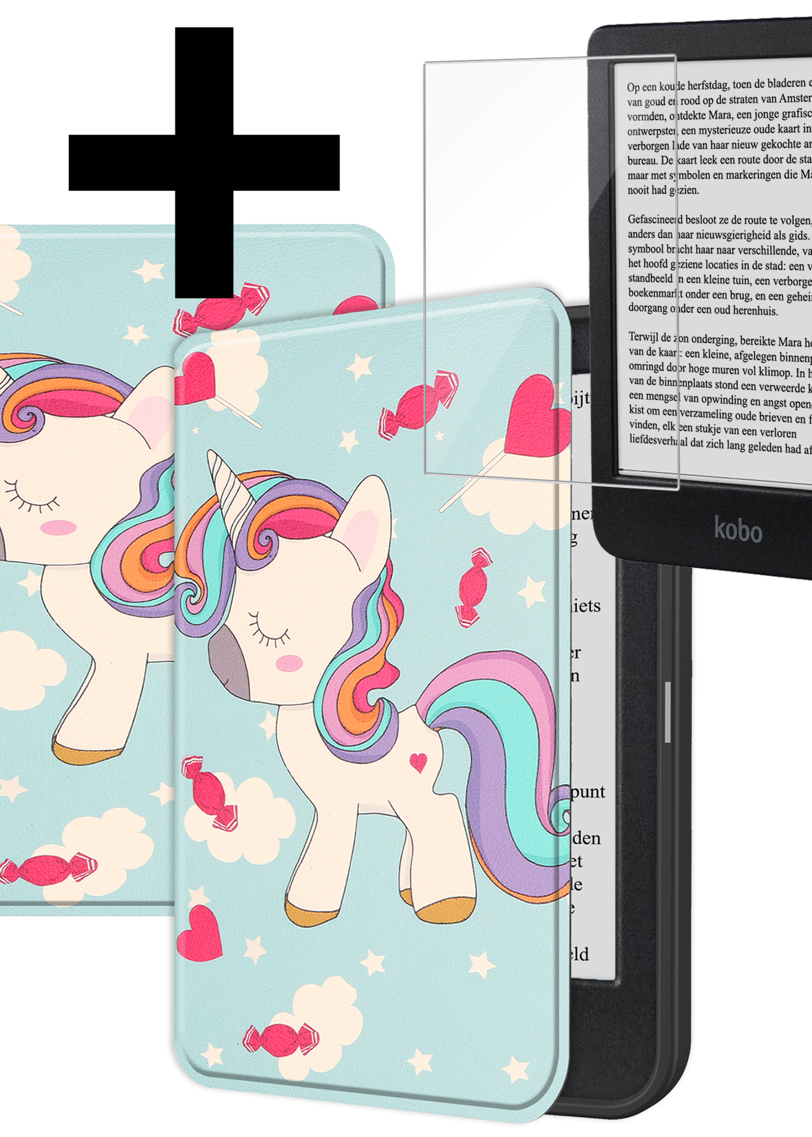 LUQ Hoesje Geschikt voor Kobo Clara BW Hoes Bescherm Hoesje Case Luxe Sleep Cover Met Screenprotector - Eenhoorn