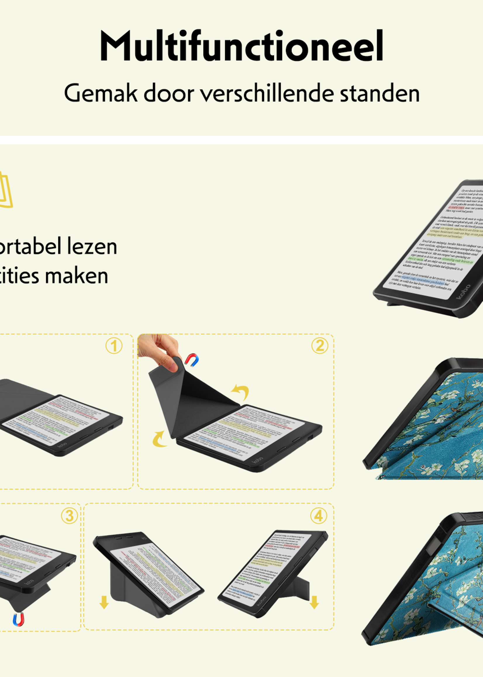 LUQ Hoesje Geschikt voor Kobo Libra Colour Hoes Bescherm Hoesje Case Trifold - Bloesem
