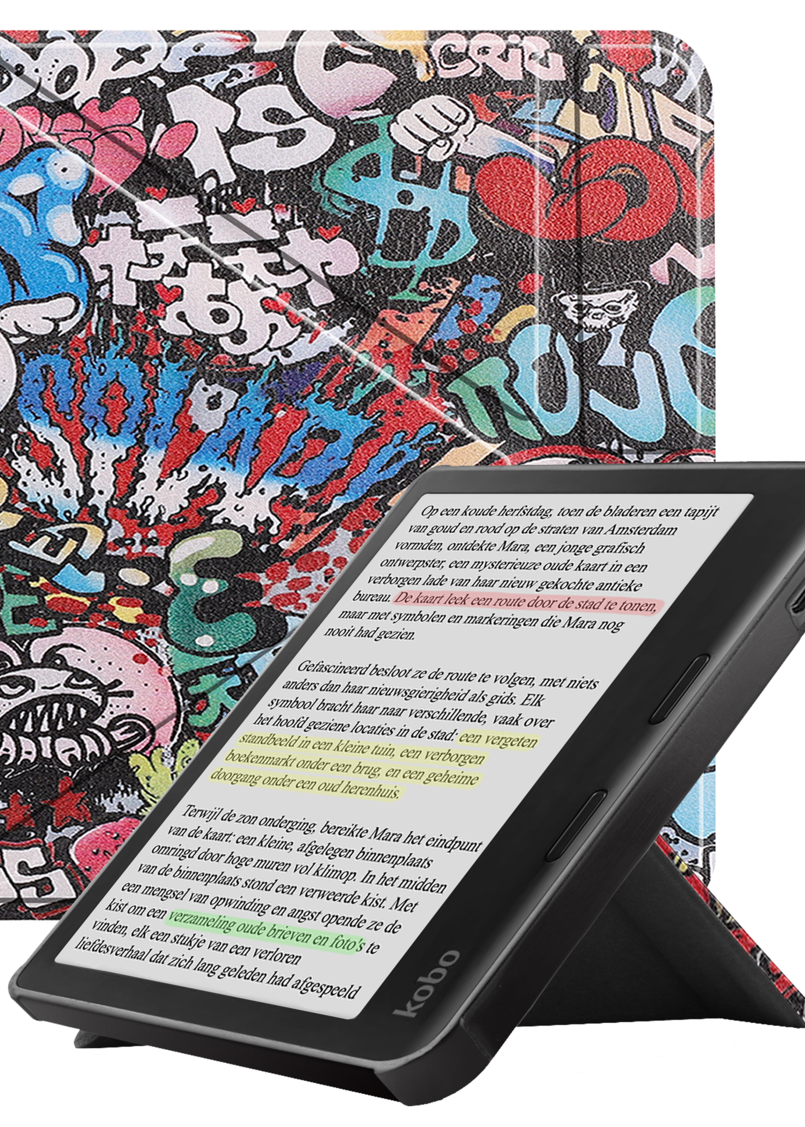 LUQ Hoesje Geschikt voor Kobo Libra Colour Hoes Bescherm Hoesje Case Trifold - Graffity