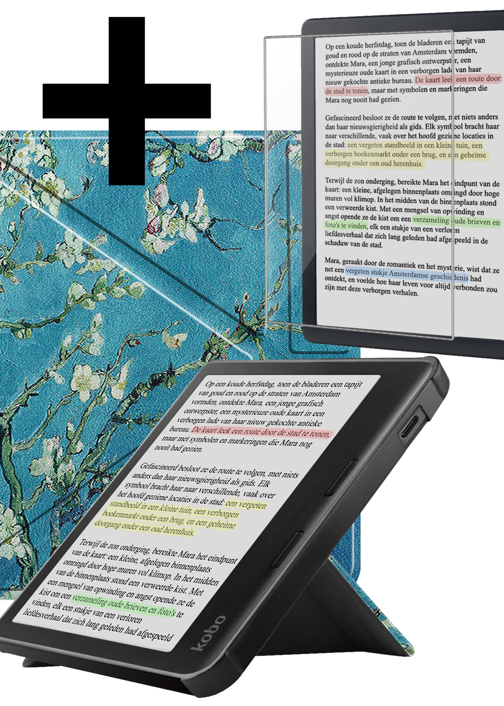LUQ Hoesje Geschikt voor Kobo Libra Colour Hoes Bescherm Hoesje Case Trifold Met Screenprotector - Bloesem