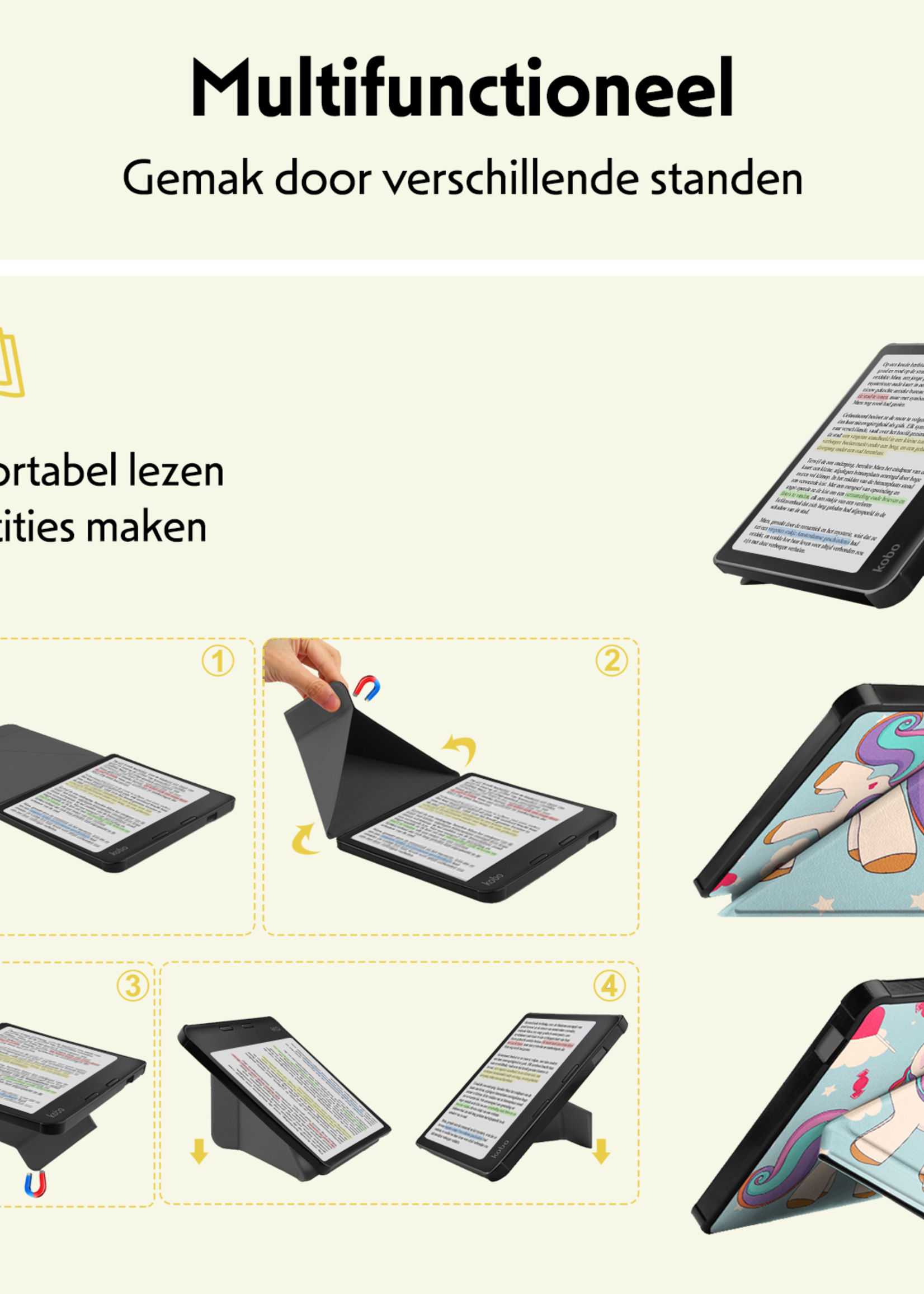 LUQ Hoesje Geschikt voor Kobo Libra Colour Hoes Bescherm Hoesje Case Trifold Met Screenprotector - Eenhoorn