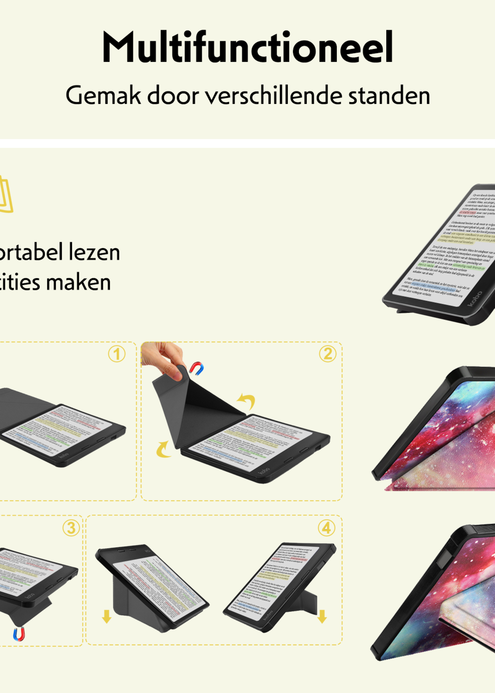 LUQ Hoesje Geschikt voor Kobo Libra Colour Hoes Bescherm Hoesje Case Trifold Met Screenprotector - Galaxy