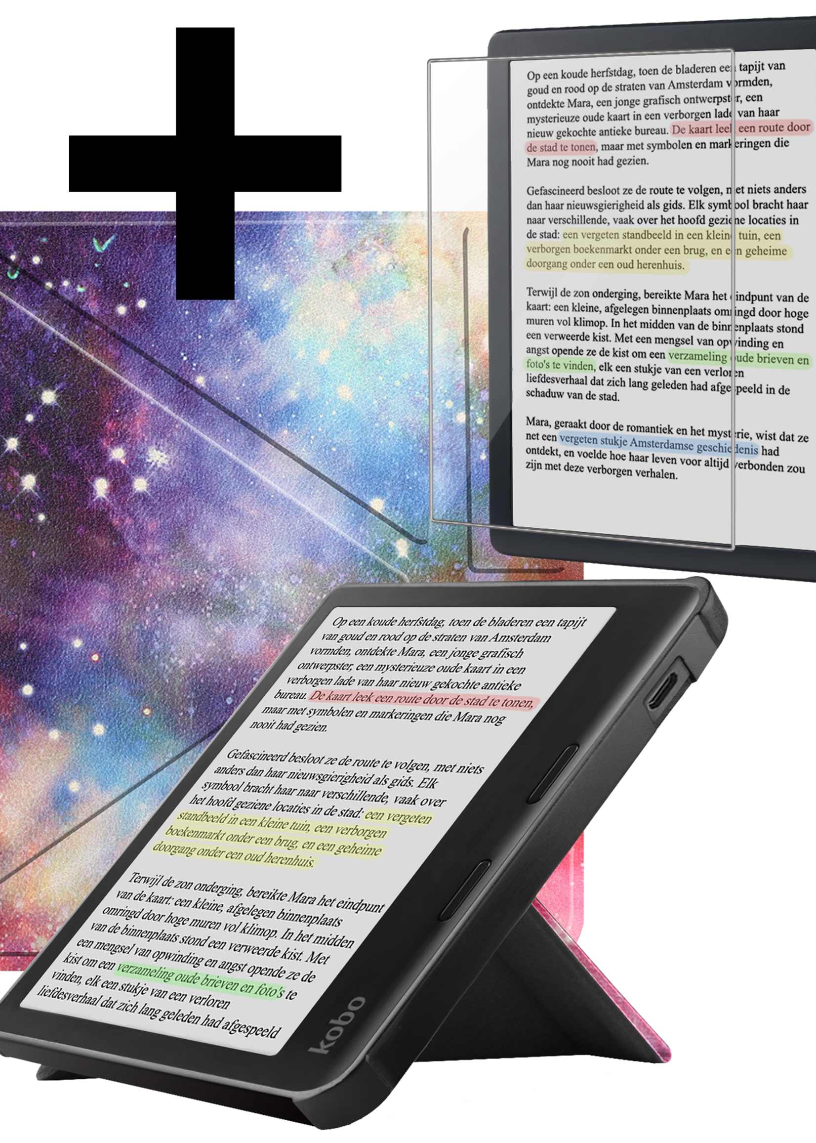 LUQ Hoesje Geschikt voor Kobo Libra Colour Hoes Bescherm Hoesje Case Trifold Met Screenprotector - Galaxy