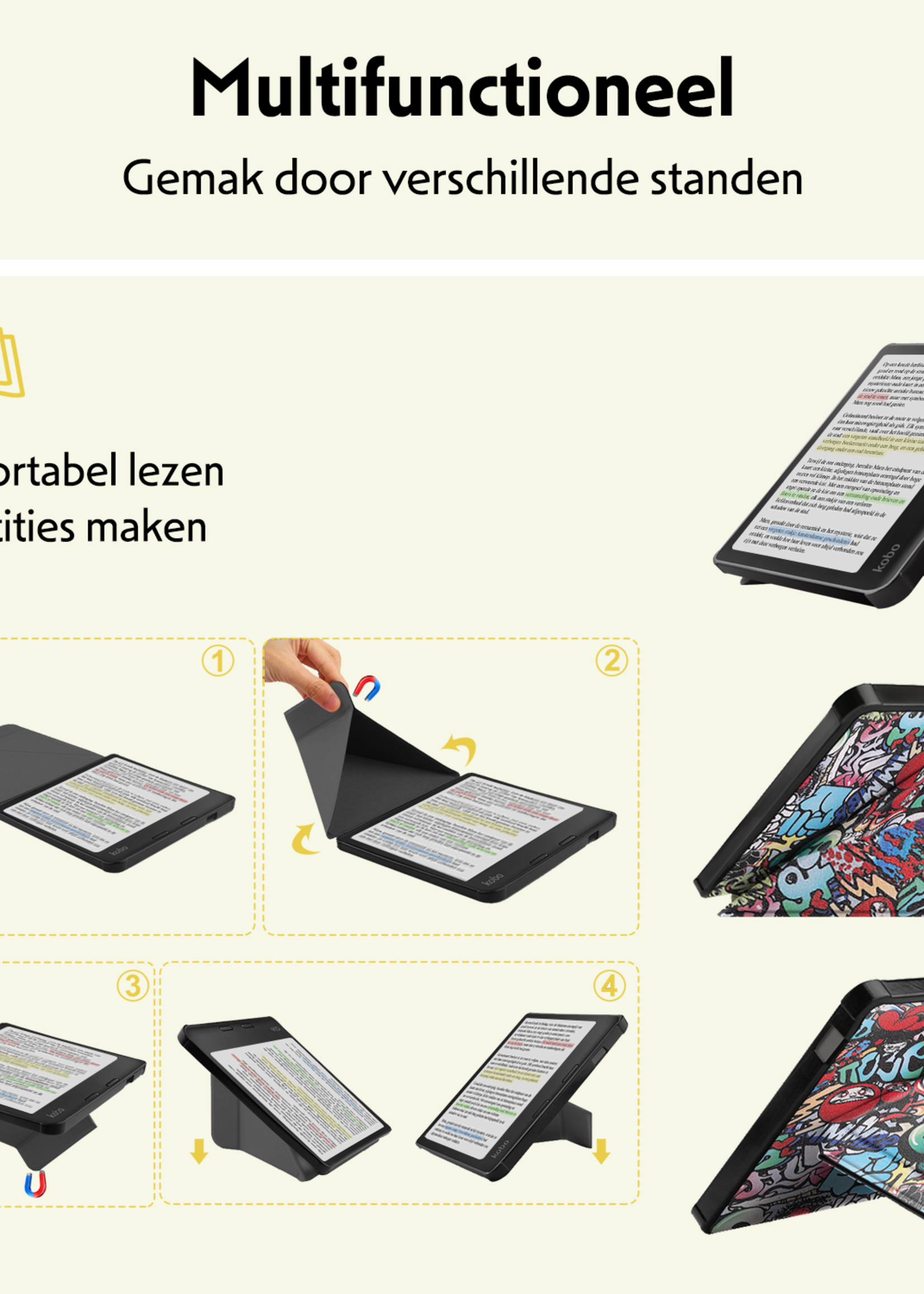 LUQ Hoesje Geschikt voor Kobo Libra Colour Hoes Bescherm Hoesje Case Trifold Met Screenprotector - Graffity