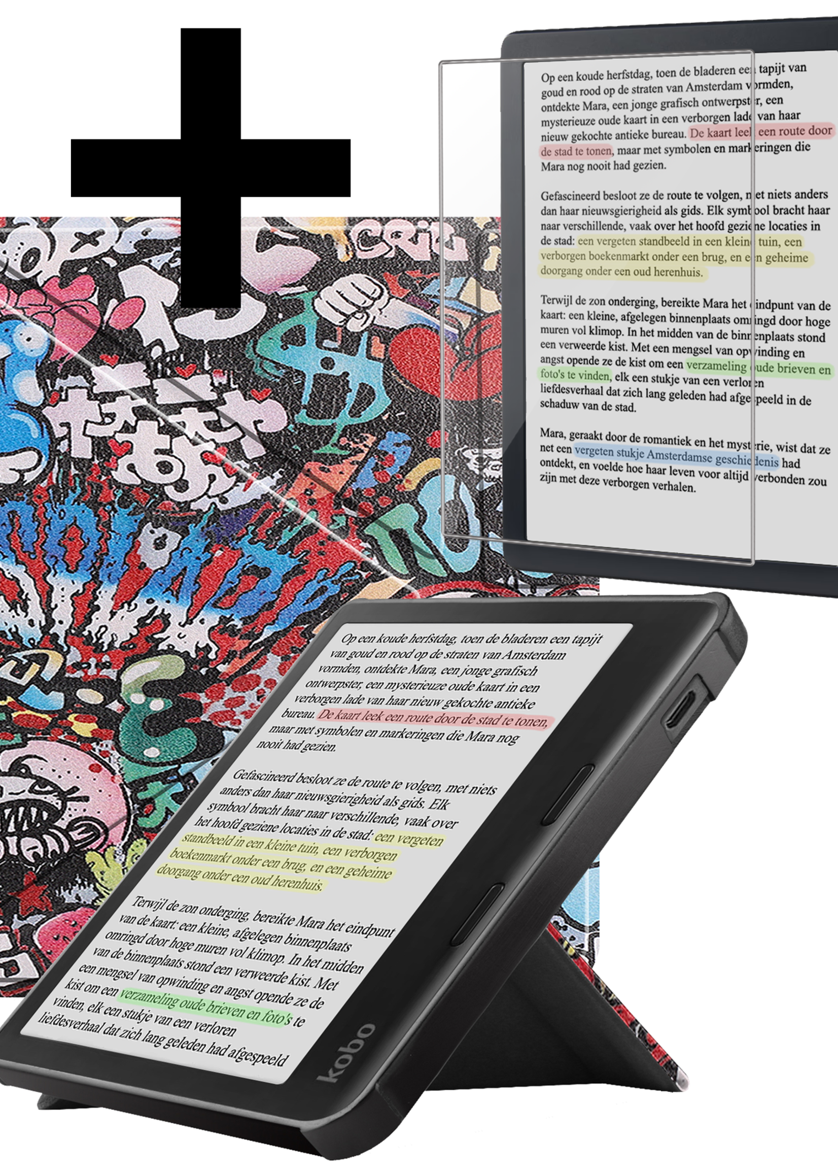 LUQ Hoesje Geschikt voor Kobo Libra Colour Hoes Bescherm Hoesje Case Trifold Met Screenprotector - Graffity