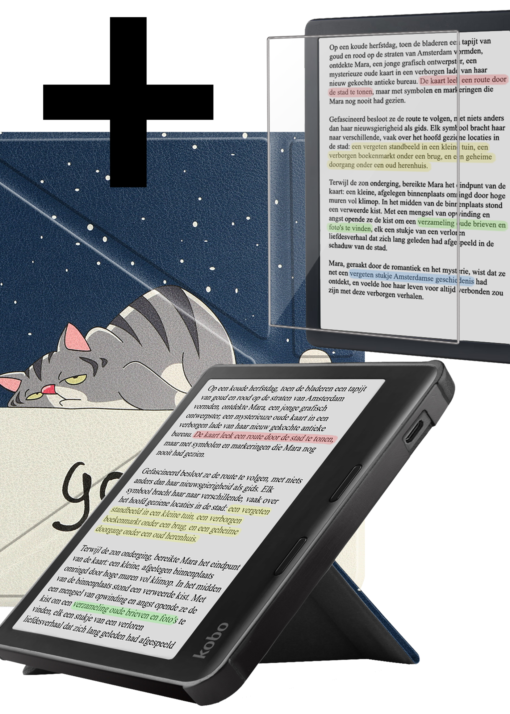 LUQ Hoesje Geschikt voor Kobo Libra Colour Hoes Bescherm Hoesje Case Trifold Met Screenprotector - Kat