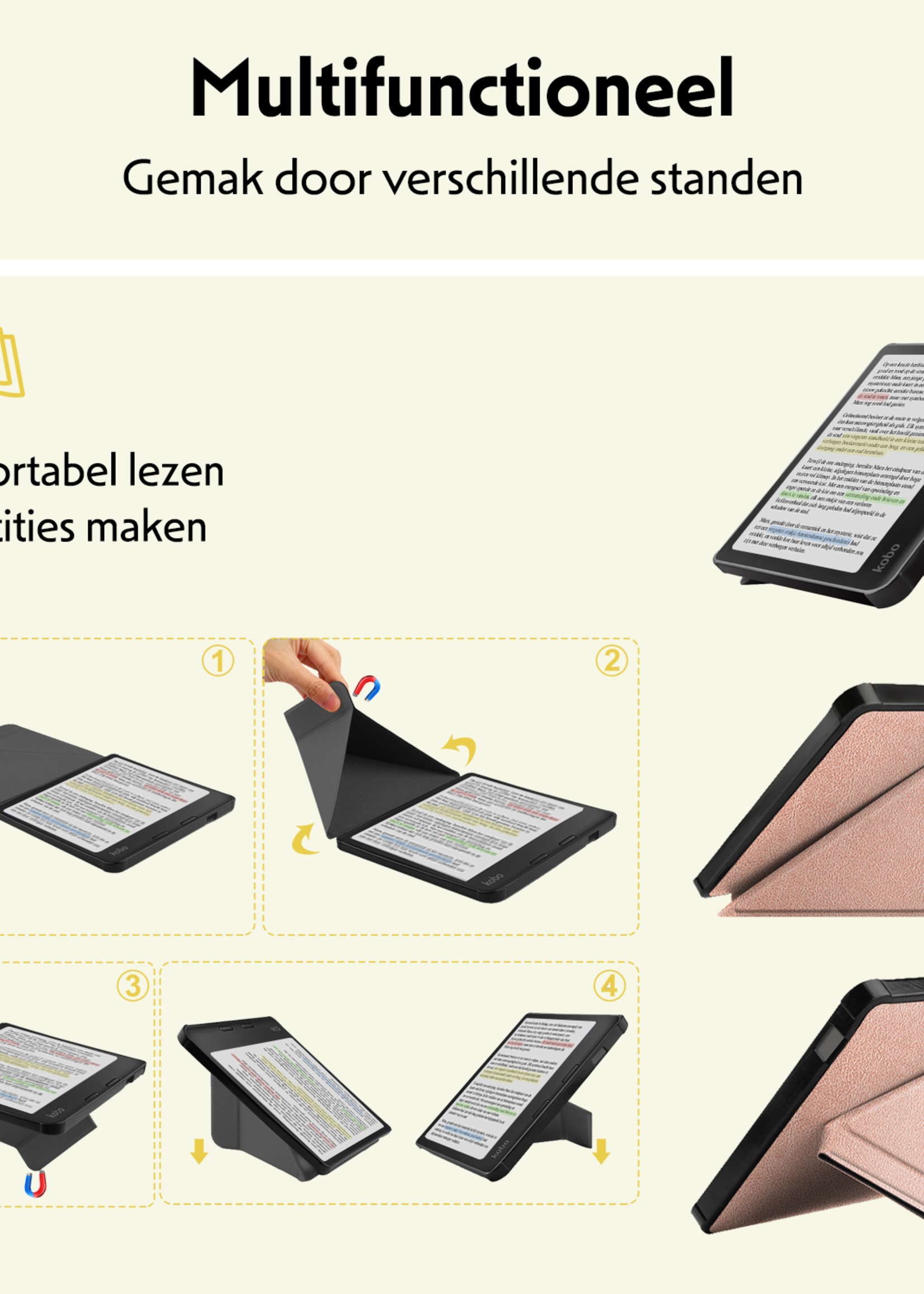 LUQ Hoesje Geschikt voor Kobo Libra Colour Hoes Bescherm Hoesje Case Trifold Met Screenprotector - Rosé Goud