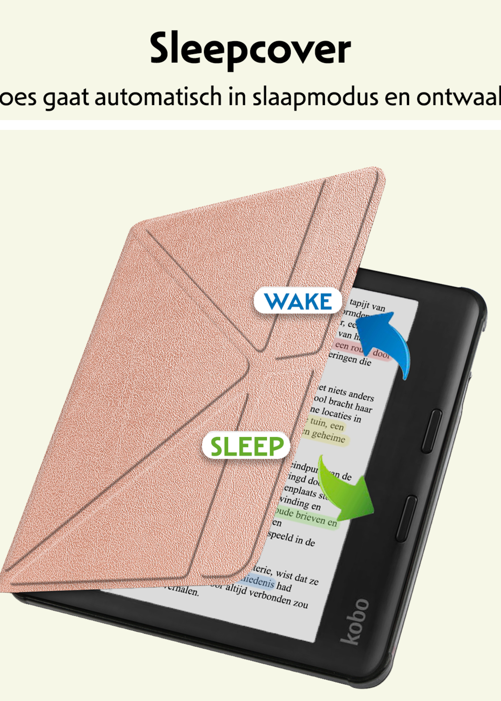 LUQ Hoesje Geschikt voor Kobo Libra Colour Hoes Bescherm Hoesje Case Trifold Met Screenprotector - Rosé Goud