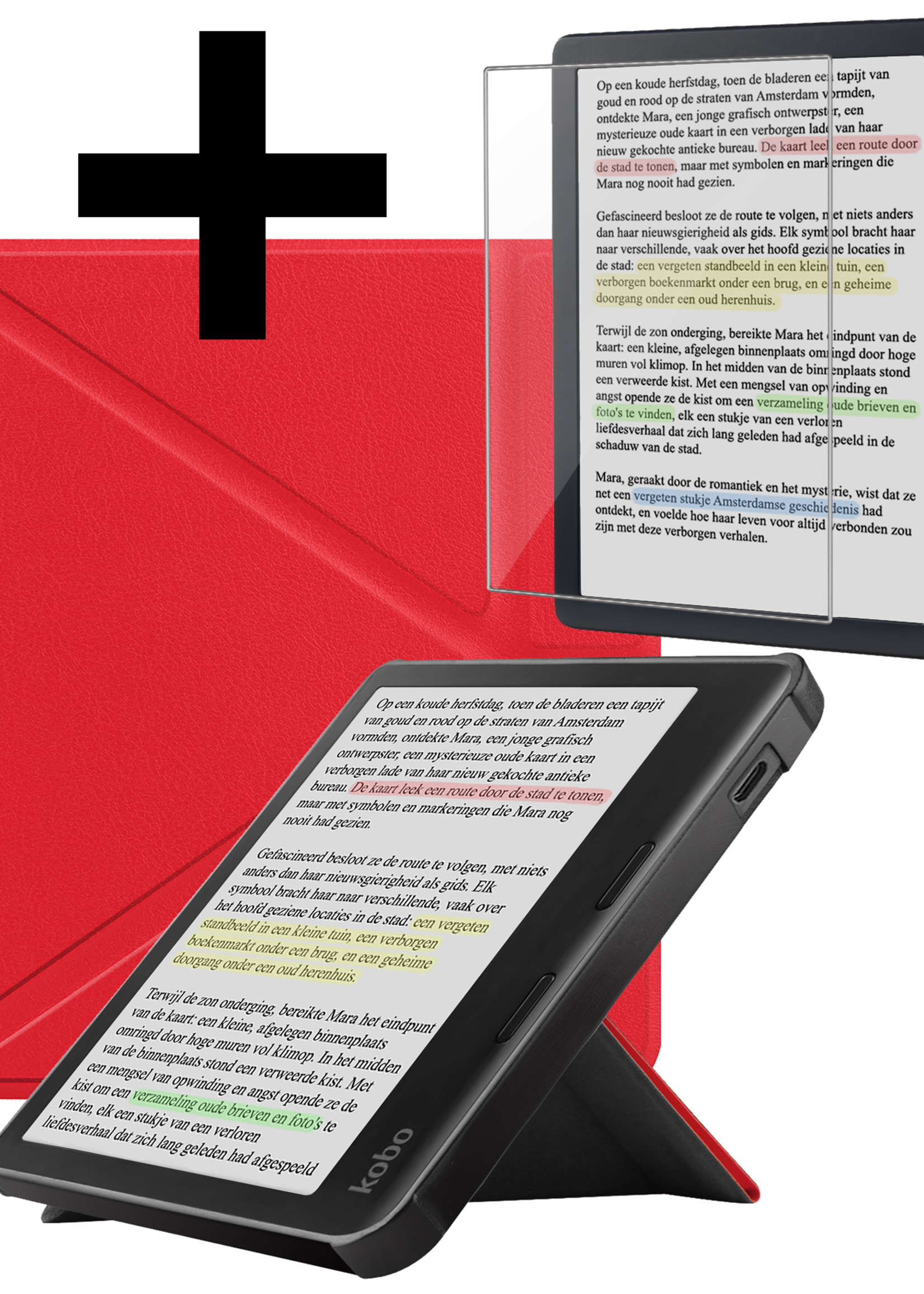 LUQ Hoesje Geschikt voor Kobo Libra Colour Hoes Bescherm Hoesje Case Trifold Met Screenprotector - Rood