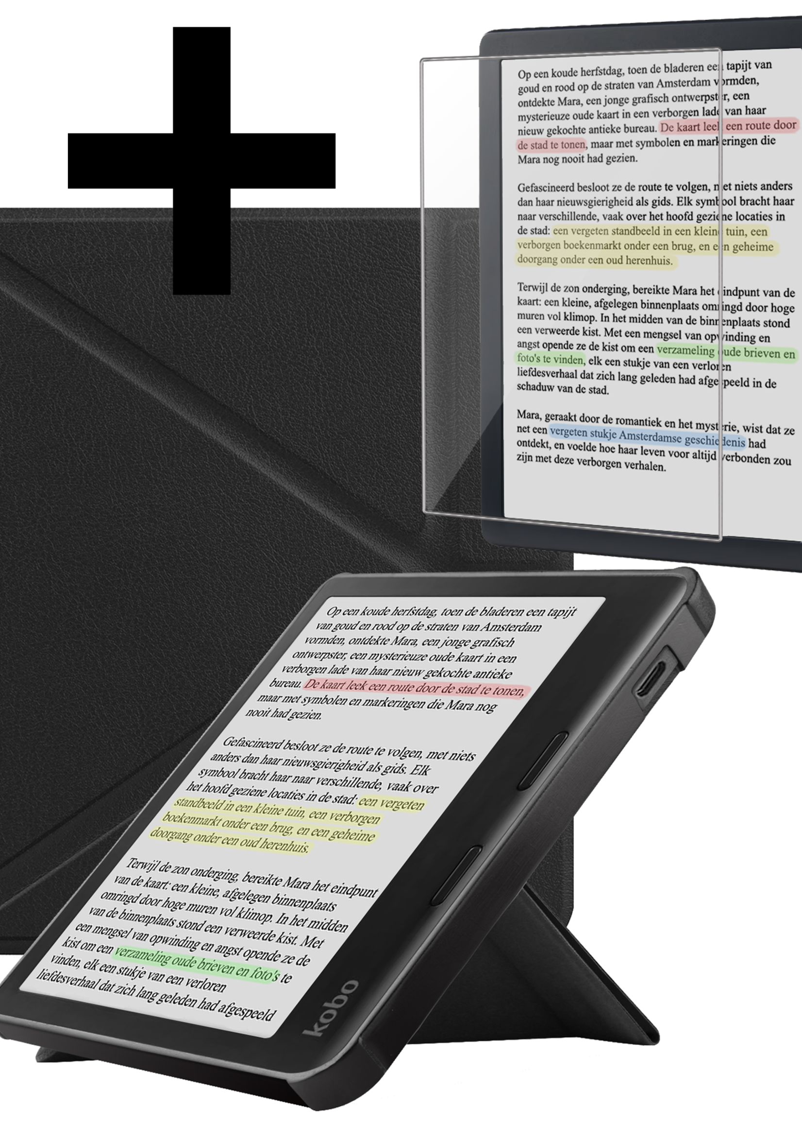 LUQ Hoesje Geschikt voor Kobo Libra Colour Hoes Bescherm Hoesje Case Trifold Met Screenprotector - Zwart