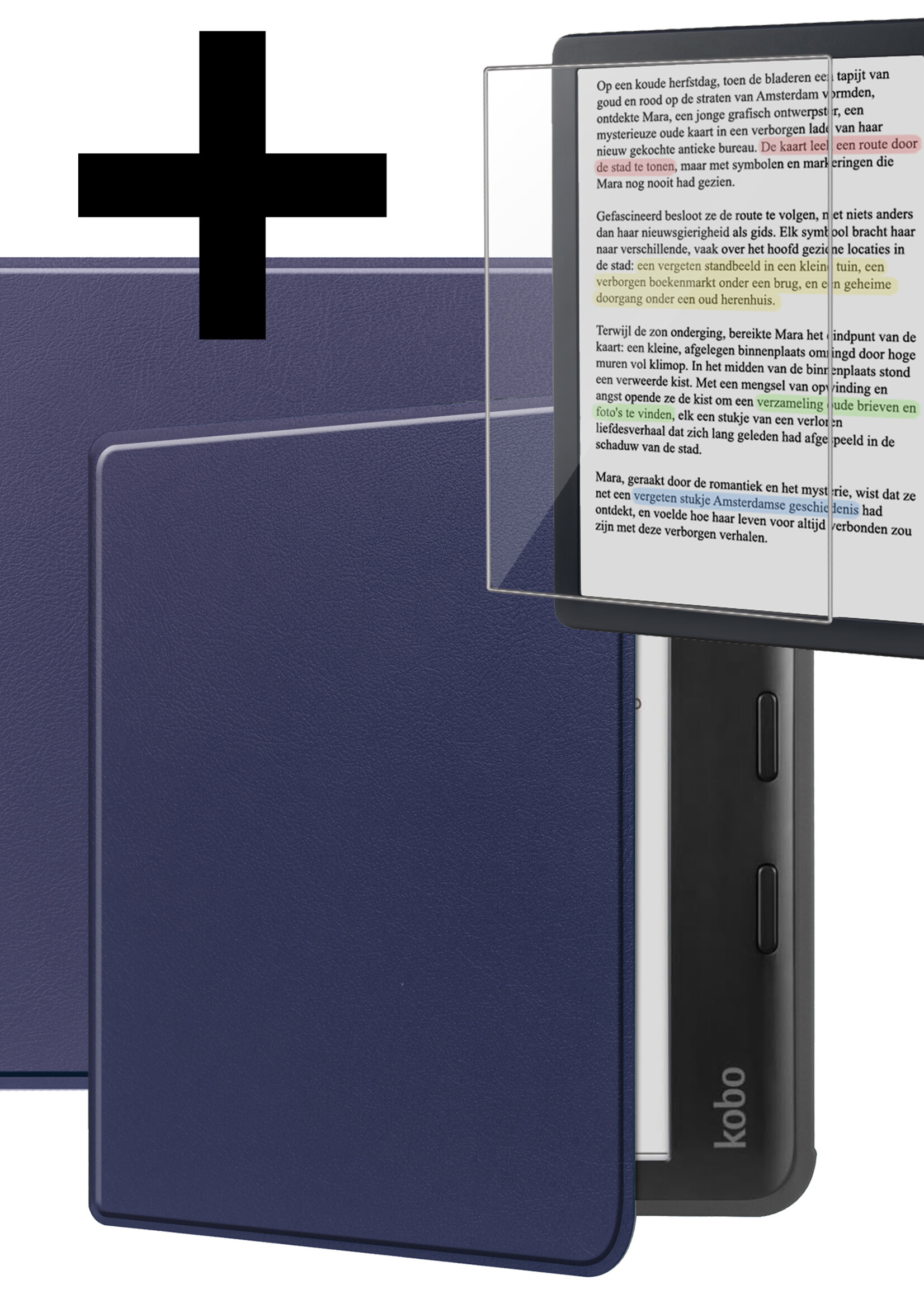LUQ Hoesje Geschikt voor Kobo Libra Colour Hoes Bescherm Hoesje Case Luxe Sleep Cover Met Screenprotector - Donkerblauw