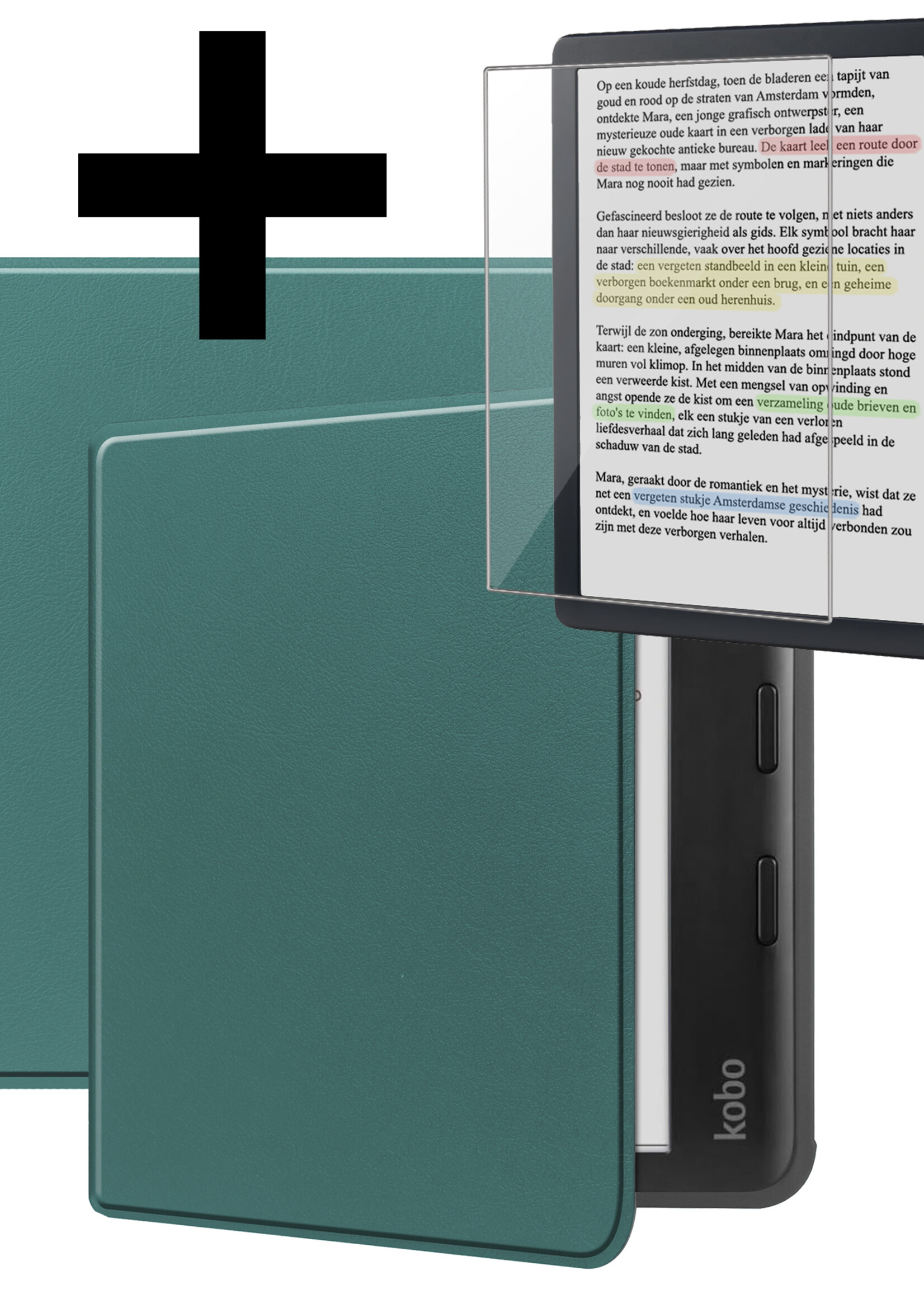 LUQ Hoesje Geschikt voor Kobo Libra Colour Hoes Bescherm Hoesje Case Luxe Sleep Cover Met Screenprotector - Donkergroen