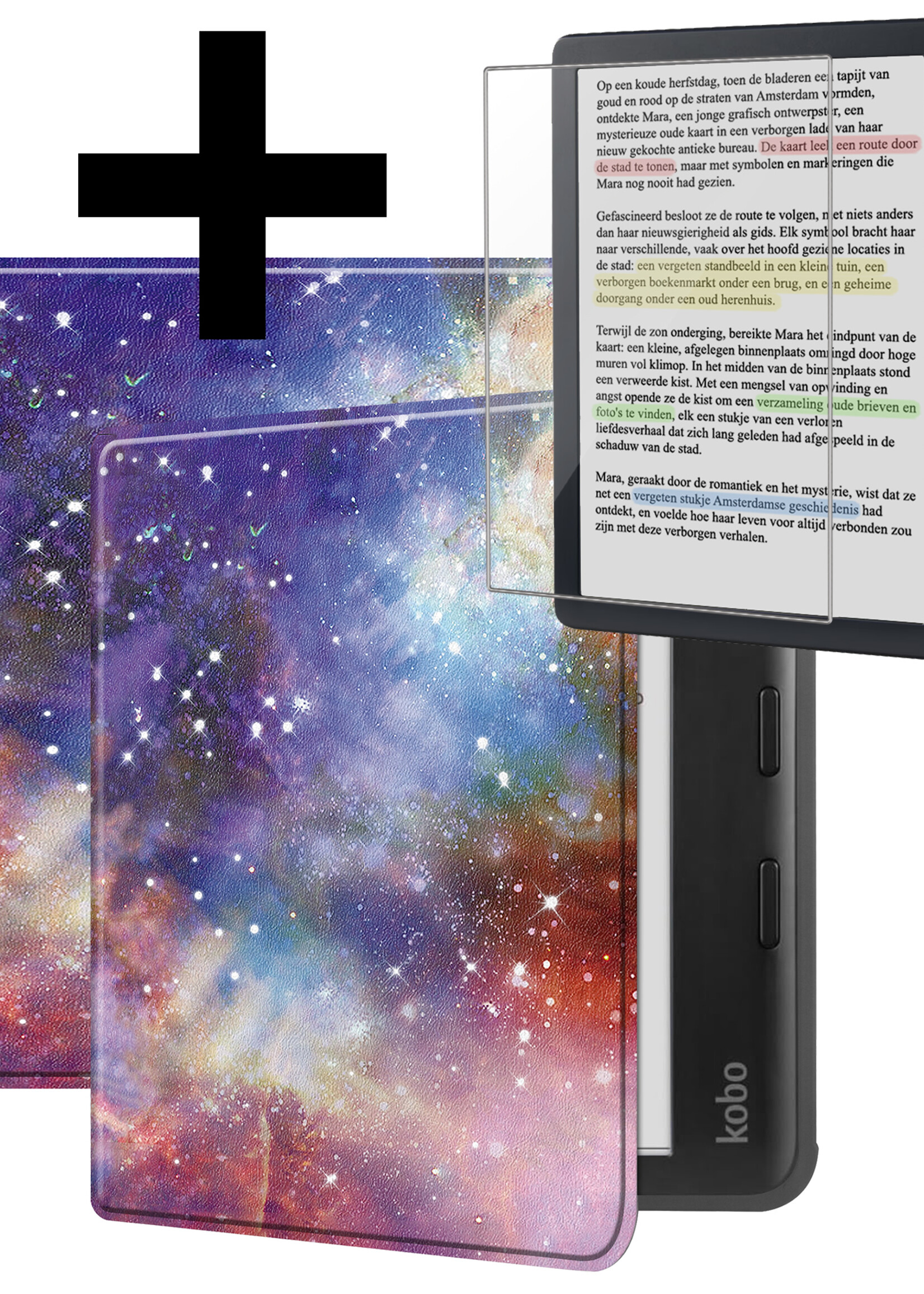 LUQ Hoesje Geschikt voor Kobo Libra Colour Hoes Bescherm Hoesje Case Luxe Sleep Cover Met Screenprotector - Galaxy