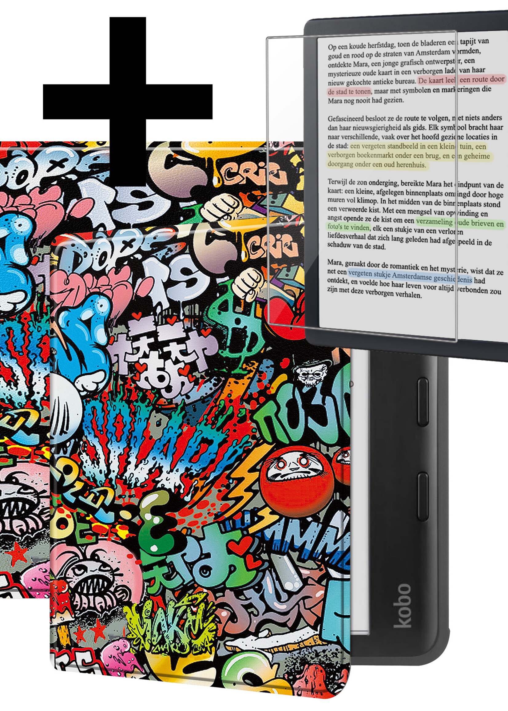 LUQ Hoesje Geschikt voor Kobo Libra Colour Hoes Bescherm Hoesje Case Luxe Sleep Cover Met Screenprotector - Graffity