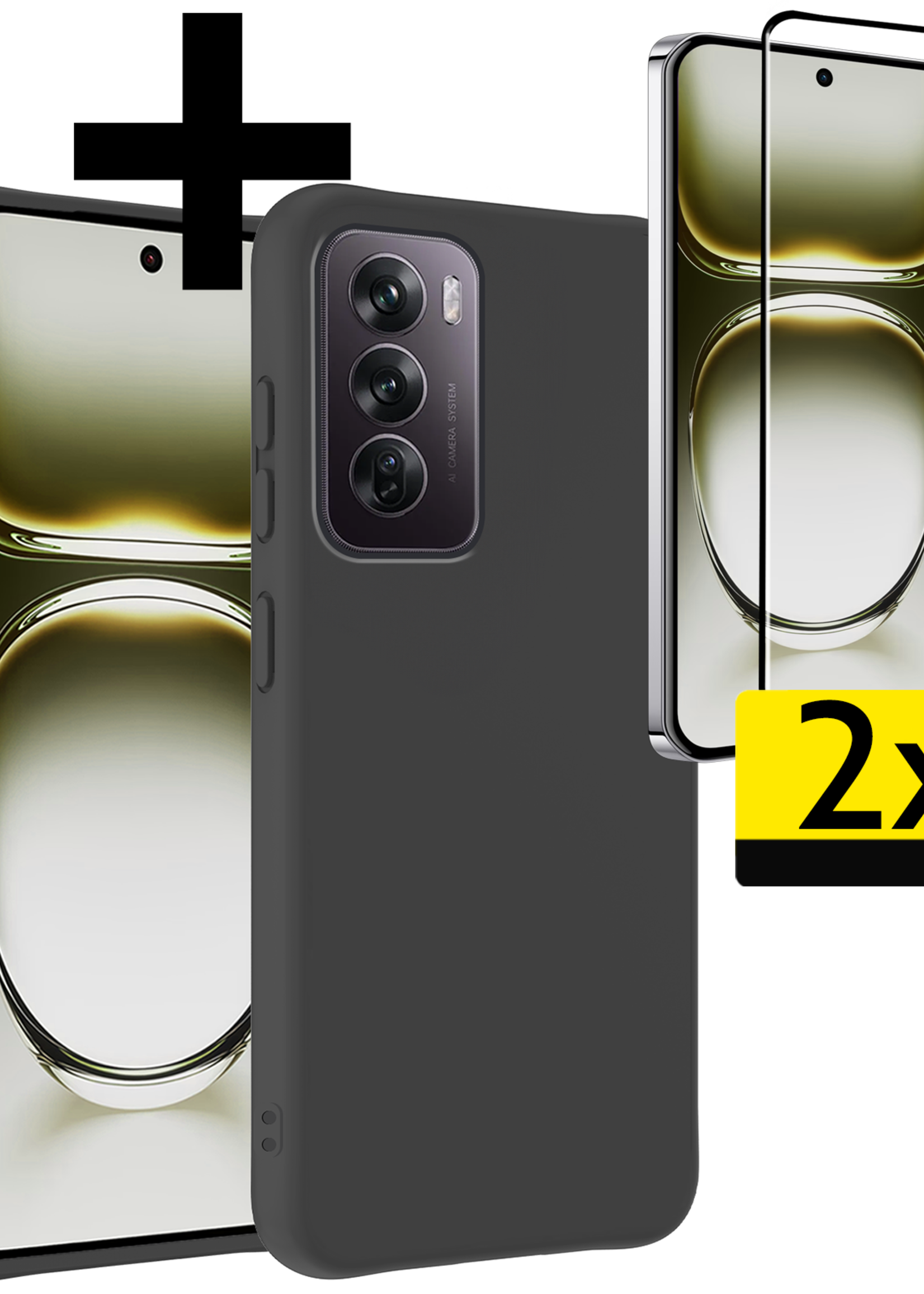 LUQ Hoes Geschikt voor Oppo Reno12 Hoesje Siliconen Back Cover Case Met 2x Screenprotector - Hoesje Geschikt voor Oppo Reno12 Hoes Cover Hoesje - Zwart