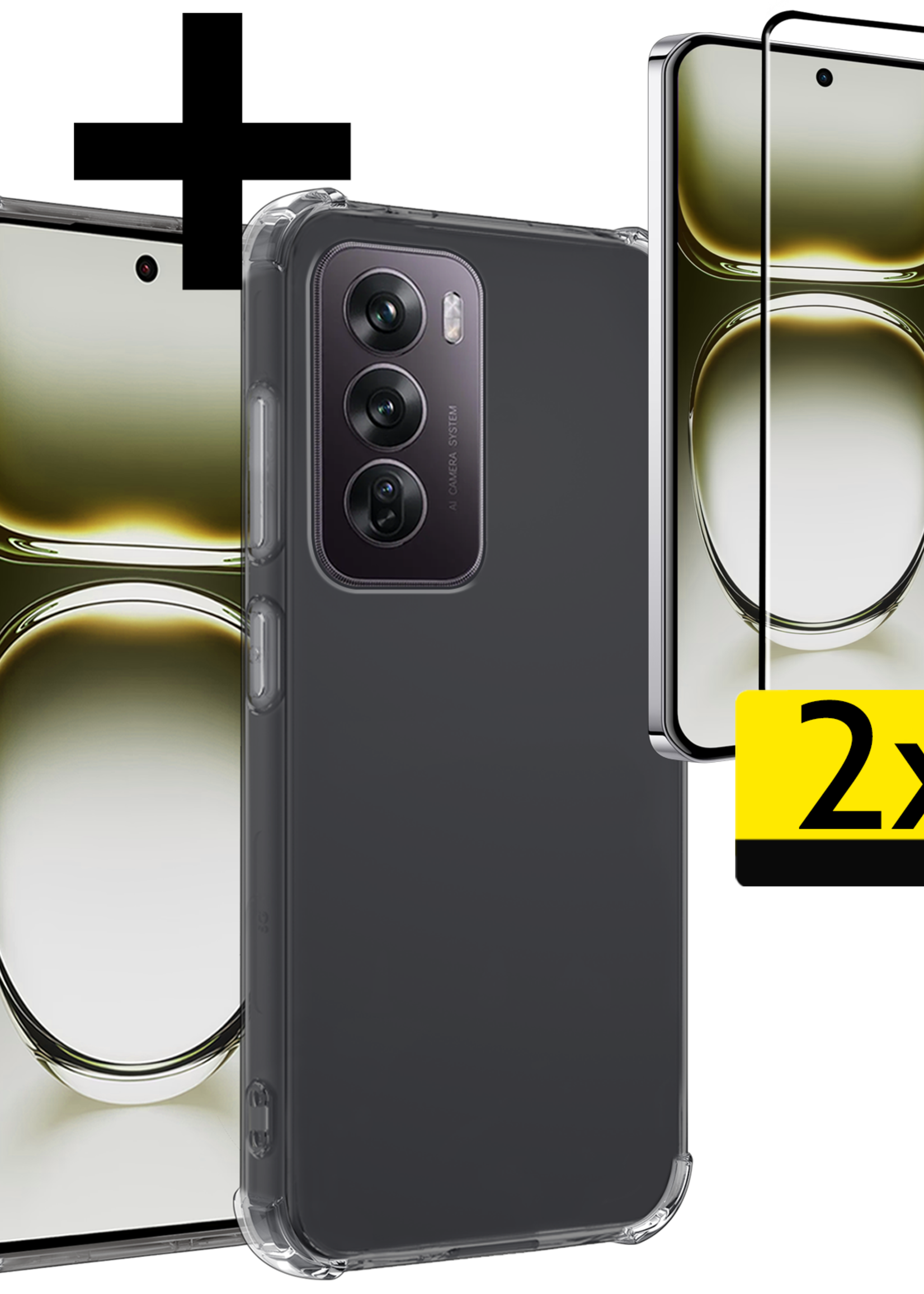 LUQ Hoesje Geschikt voor Oppo Reno12 Pro Hoesje Shock Proof Cover Case Shockproof Met 2x Screenprotector - Hoes Geschikt voor Oppo Reno12 Pro Hoes Siliconen Back Case - Transparant