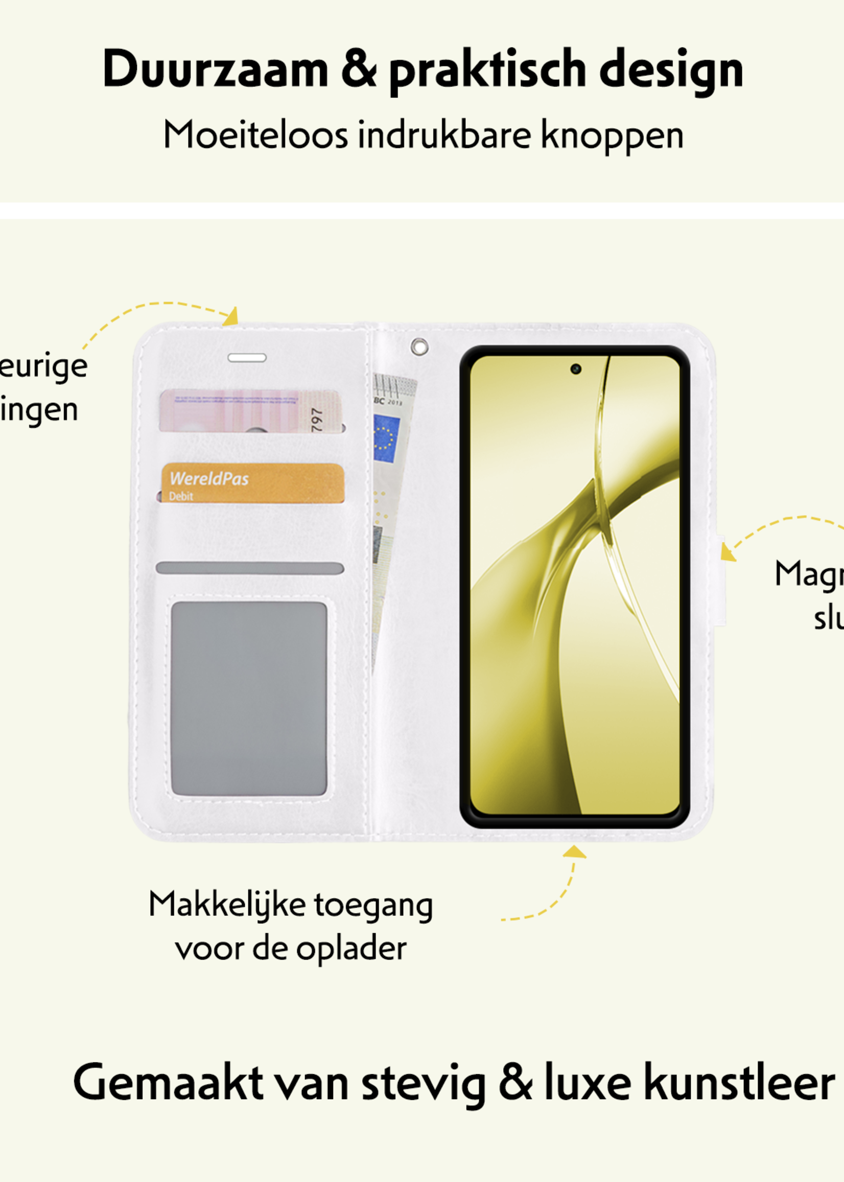 LUQ Hoesje Geschikt voor OnePlus Nord CE4 Hoesje Book Case Hoes Portemonnee Cover Walletcase Met 2x Screenprotector - Hoes Geschikt voor OnePlus Nord CE4 Hoes Bookcase Hoesje - Wit