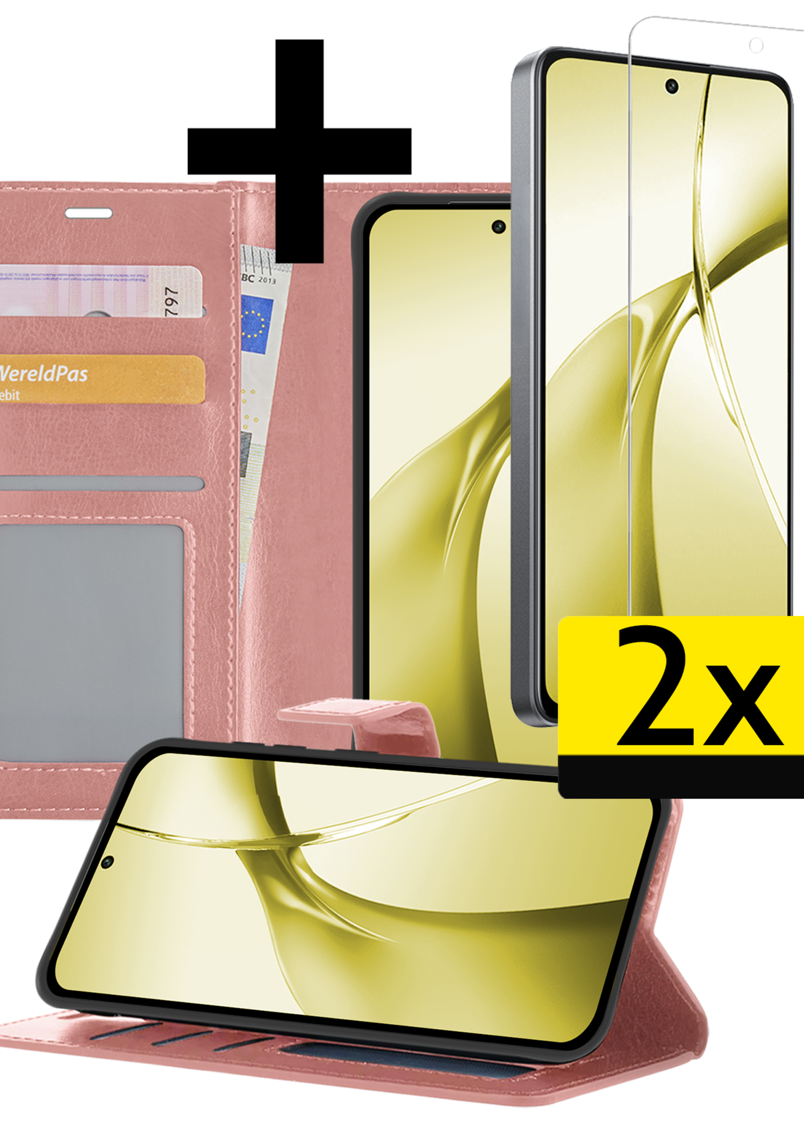 LUQ Hoesje Geschikt voor OnePlus Nord CE4 Hoesje Book Case Hoes Portemonnee Cover Walletcase Met 2x Screenprotector - Hoes Geschikt voor OnePlus Nord CE4 Hoes Bookcase Hoesje - Rosé goud