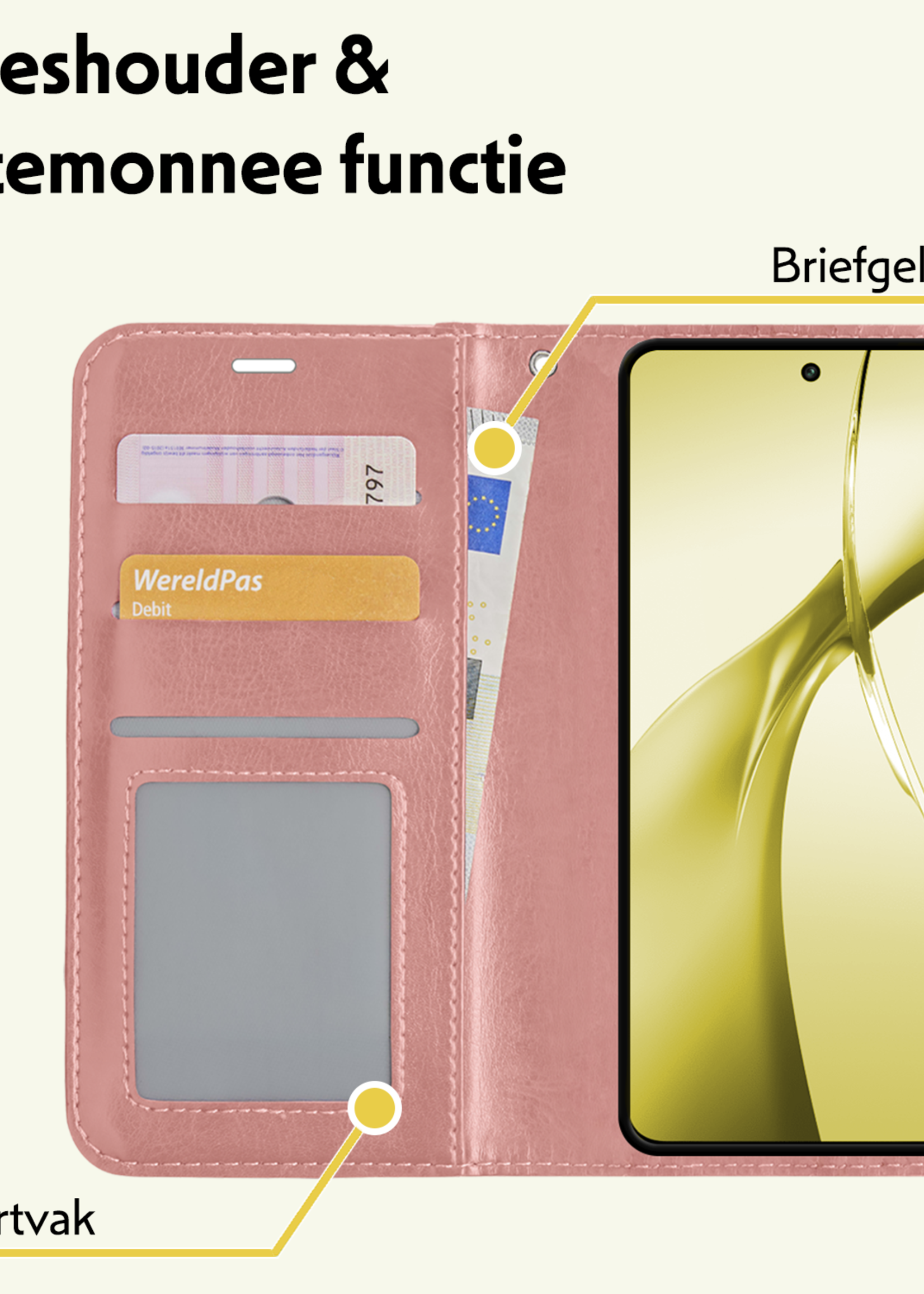 LUQ Hoesje Geschikt voor OnePlus Nord CE4 Hoesje Book Case Hoes Portemonnee Cover Walletcase Met 2x Screenprotector - Hoes Geschikt voor OnePlus Nord CE4 Hoes Bookcase Hoesje - Rosé goud