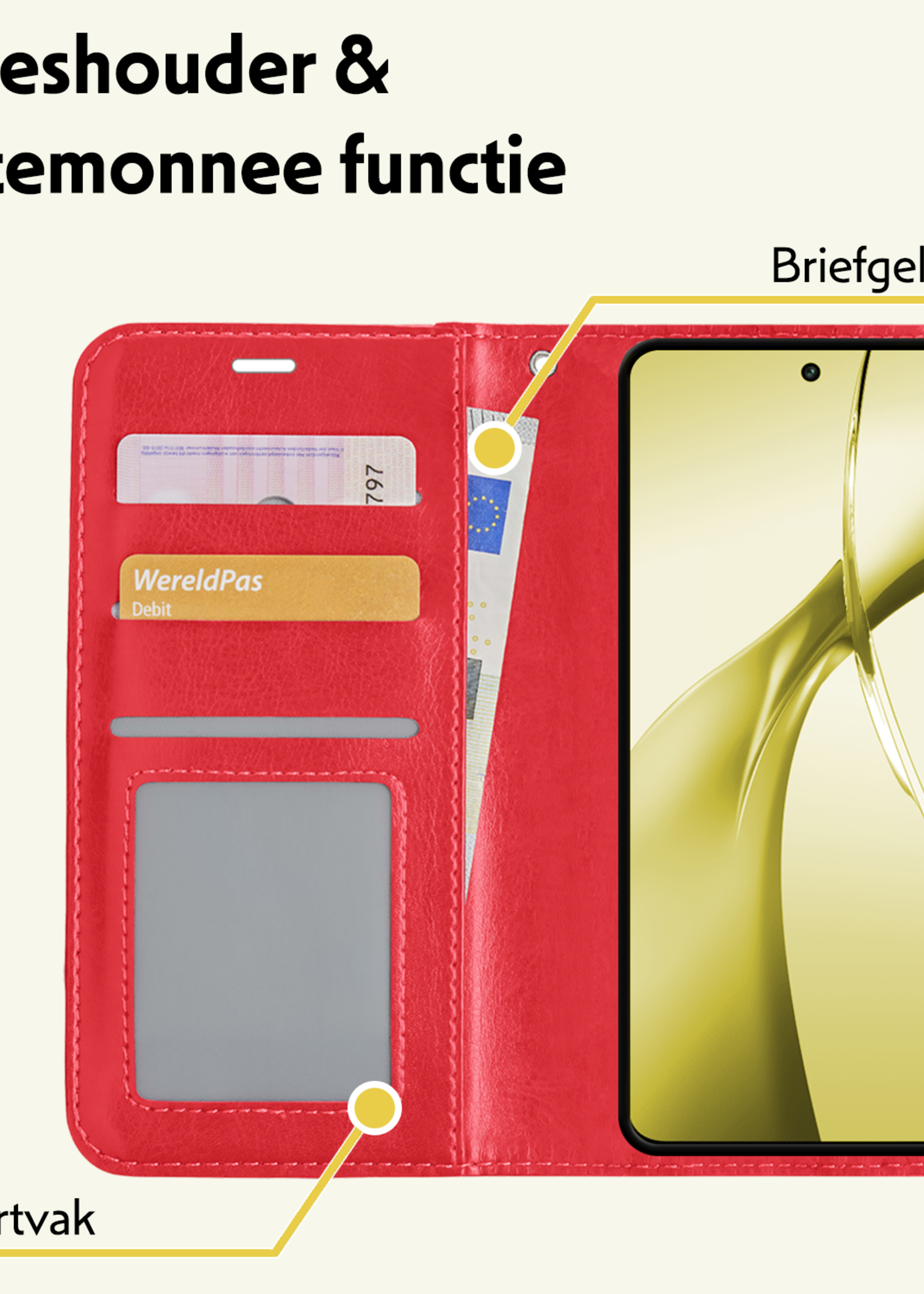 LUQ Hoesje Geschikt voor OnePlus Nord CE4 Hoesje Book Case Hoes Portemonnee Cover Walletcase Met 2x Screenprotector - Hoes Geschikt voor OnePlus Nord CE4 Hoes Bookcase Hoesje - Rood