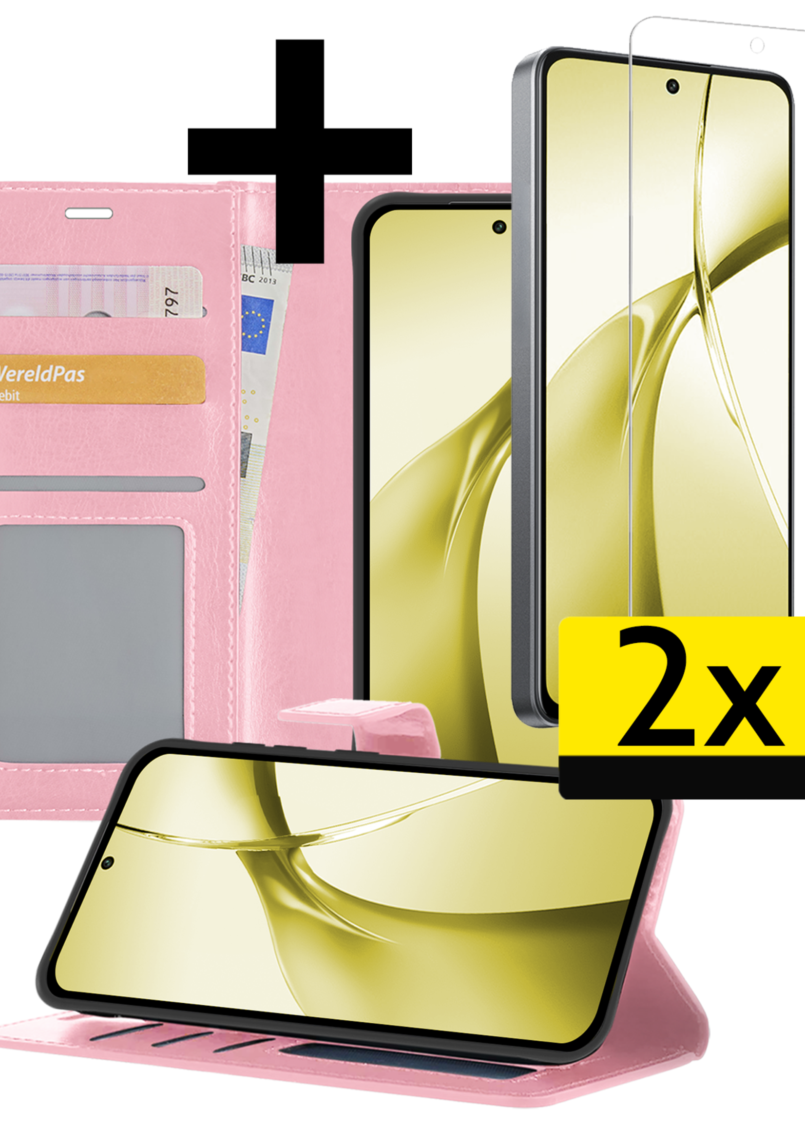 LUQ Hoesje Geschikt voor OnePlus Nord CE4 Hoesje Book Case Hoes Portemonnee Cover Walletcase Met 2x Screenprotector - Hoes Geschikt voor OnePlus Nord CE4 Hoes Bookcase Hoesje - Lichtroze