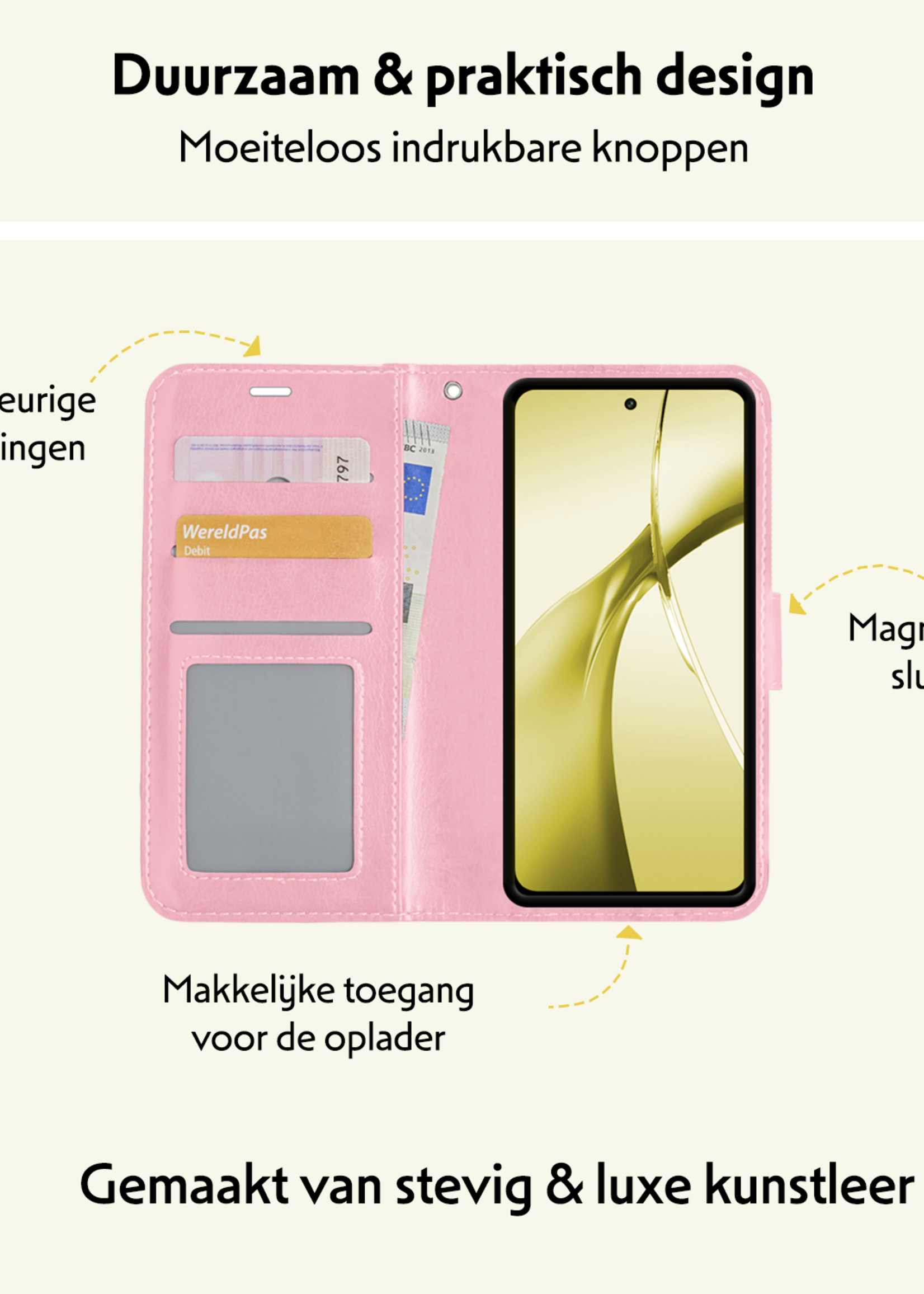 LUQ Hoesje Geschikt voor OnePlus Nord CE4 Hoesje Book Case Hoes Portemonnee Cover Walletcase Met 2x Screenprotector - Hoes Geschikt voor OnePlus Nord CE4 Hoes Bookcase Hoesje - Lichtroze