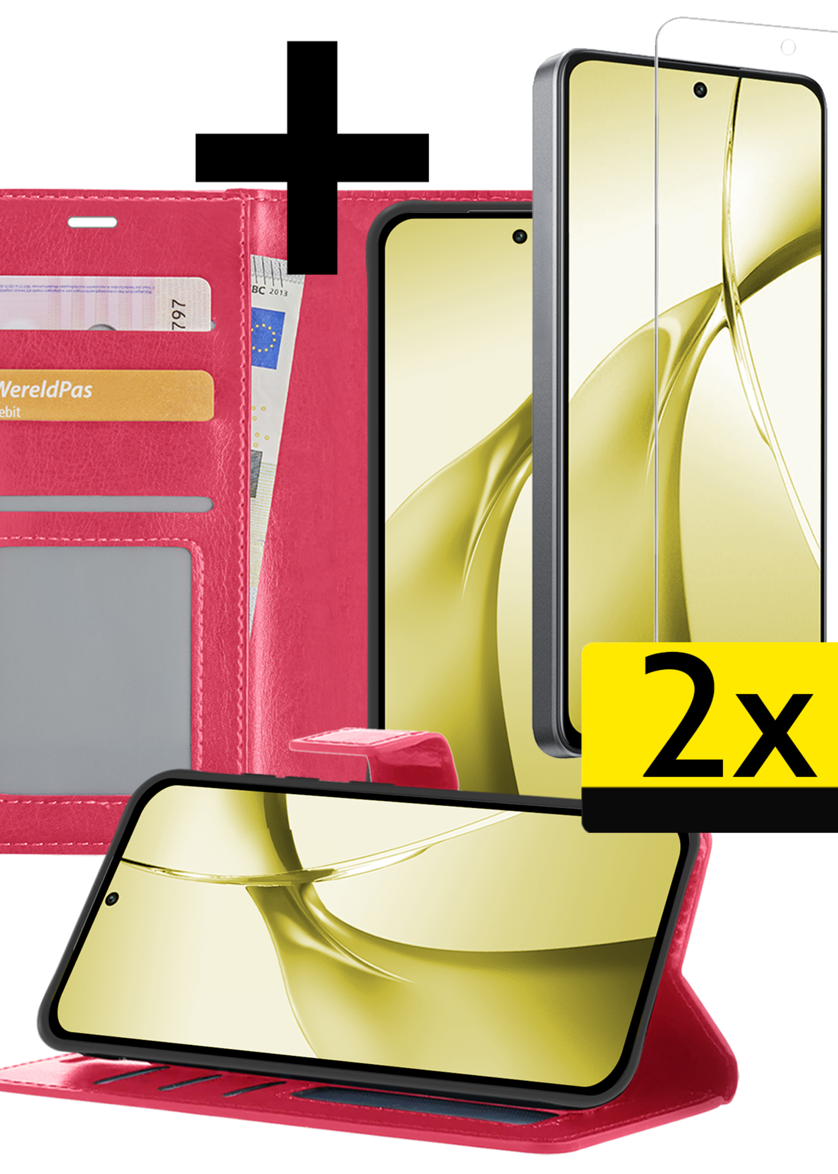 LUQ Hoesje Geschikt voor OnePlus Nord CE4 Hoesje Book Case Hoes Portemonnee Cover Walletcase Met 2x Screenprotector - Hoes Geschikt voor OnePlus Nord CE4 Hoes Bookcase Hoesje - Donkerroze