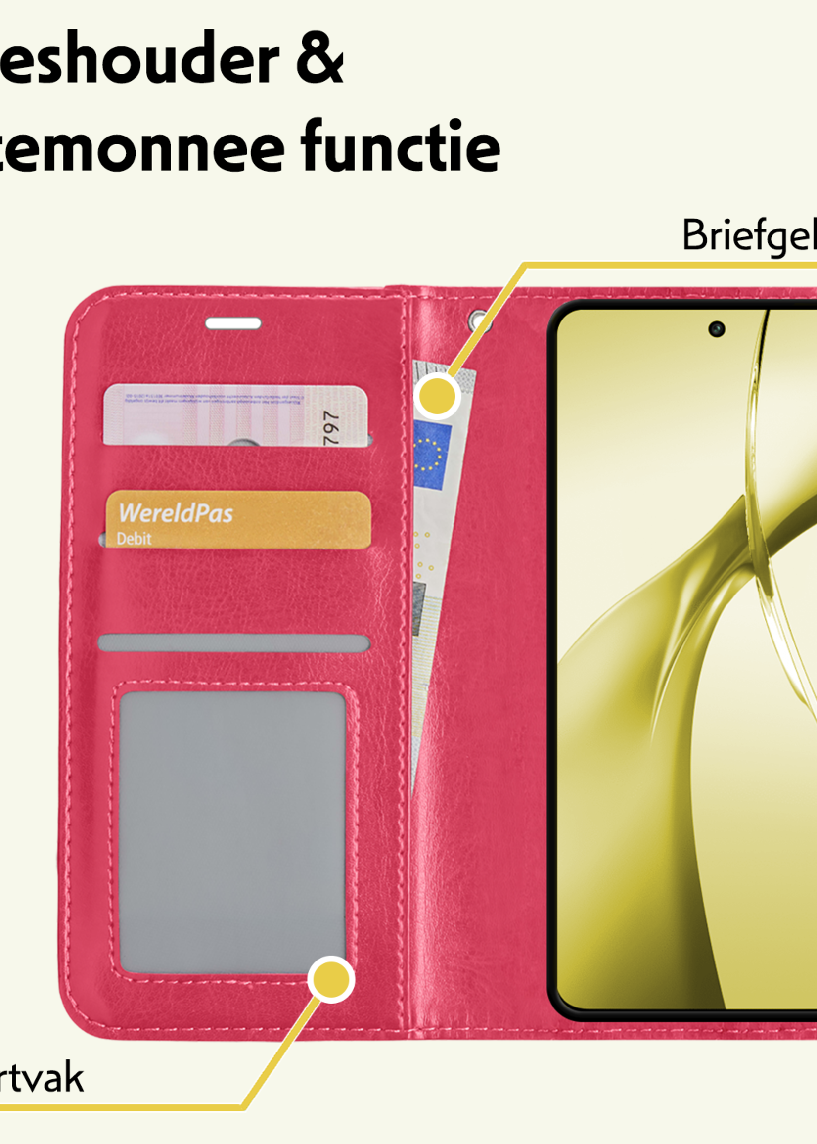 LUQ Hoesje Geschikt voor OnePlus Nord CE4 Hoesje Book Case Hoes Portemonnee Cover Walletcase Met 2x Screenprotector - Hoes Geschikt voor OnePlus Nord CE4 Hoes Bookcase Hoesje - Donkerroze