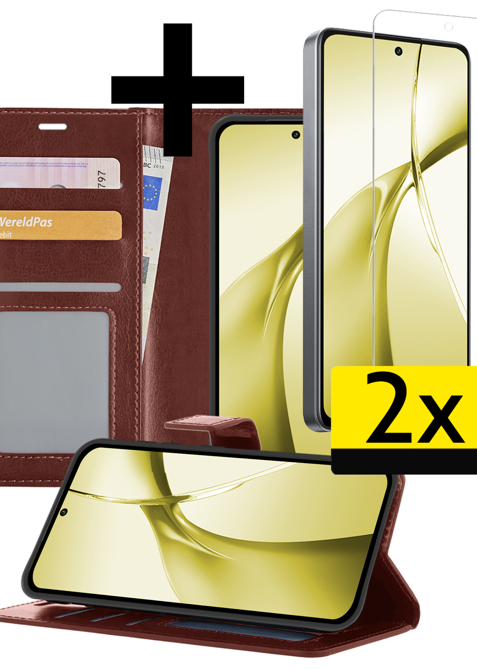 LUQ Hoesje Geschikt voor OnePlus Nord CE4 Hoesje Book Case Hoes Portemonnee Cover Walletcase Met 2x Screenprotector - Hoes Geschikt voor OnePlus Nord CE4 Hoes Bookcase Hoesje - Bruin