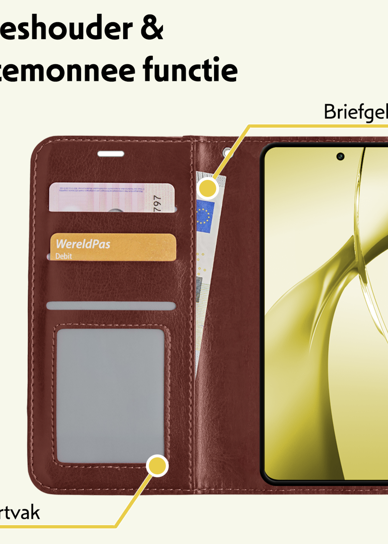 LUQ Hoesje Geschikt voor OnePlus Nord CE4 Hoesje Book Case Hoes Portemonnee Cover Walletcase Met 2x Screenprotector - Hoes Geschikt voor OnePlus Nord CE4 Hoes Bookcase Hoesje - Bruin