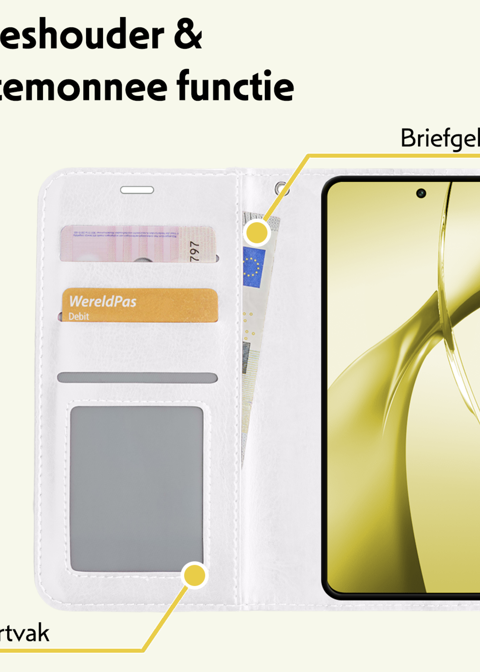 LUQ Hoesje Geschikt voor OnePlus Nord CE4 Hoesje Book Case Hoes Portemonnee Cover Walletcase Met Screenprotector - Hoes Geschikt voor OnePlus Nord CE4 Hoes Bookcase Hoesje - Wit