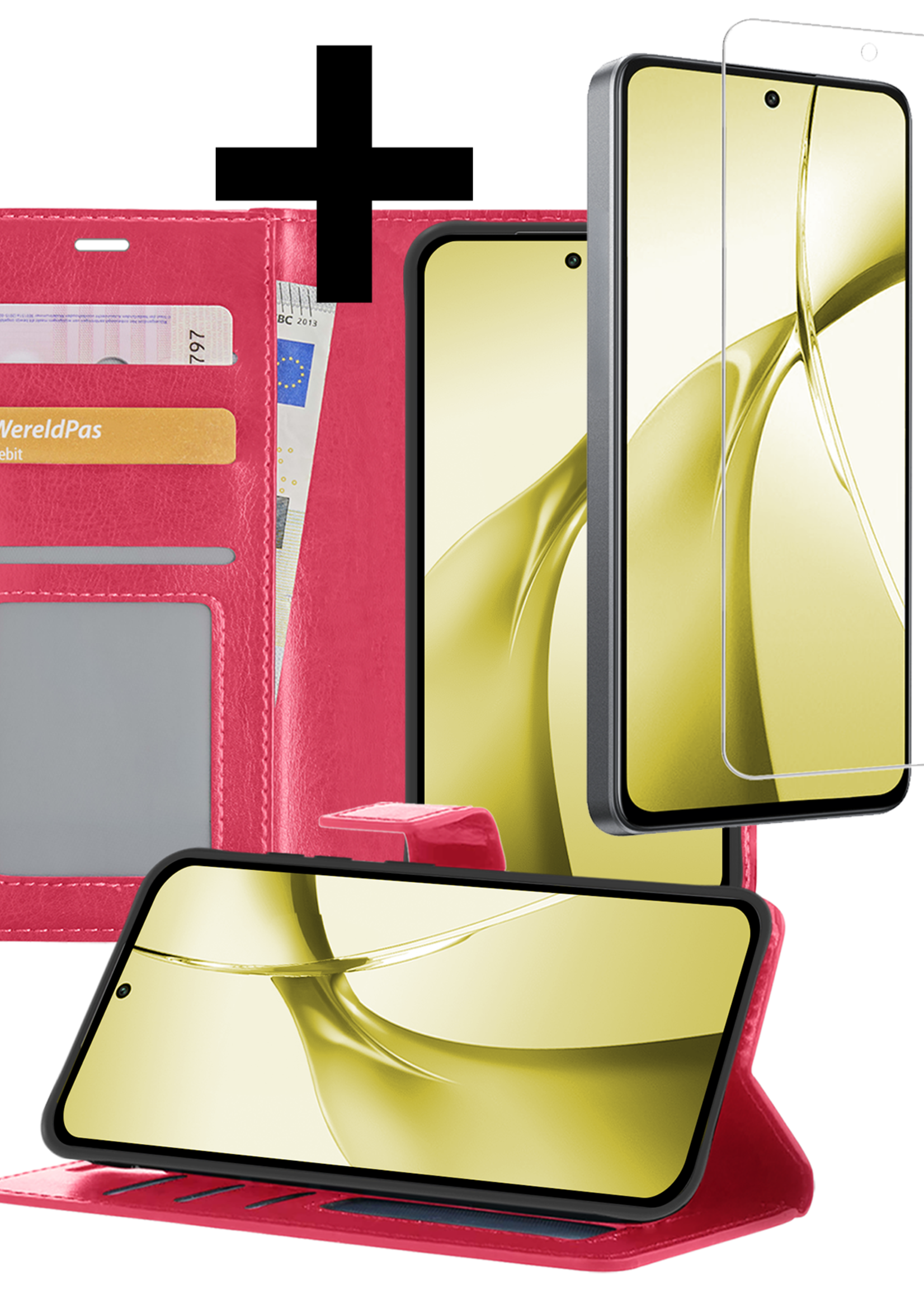 LUQ Hoesje Geschikt voor OnePlus Nord CE4 Hoesje Book Case Hoes Portemonnee Cover Walletcase Met Screenprotector - Hoes Geschikt voor OnePlus Nord CE4 Hoes Bookcase Hoesje - Donkerroze