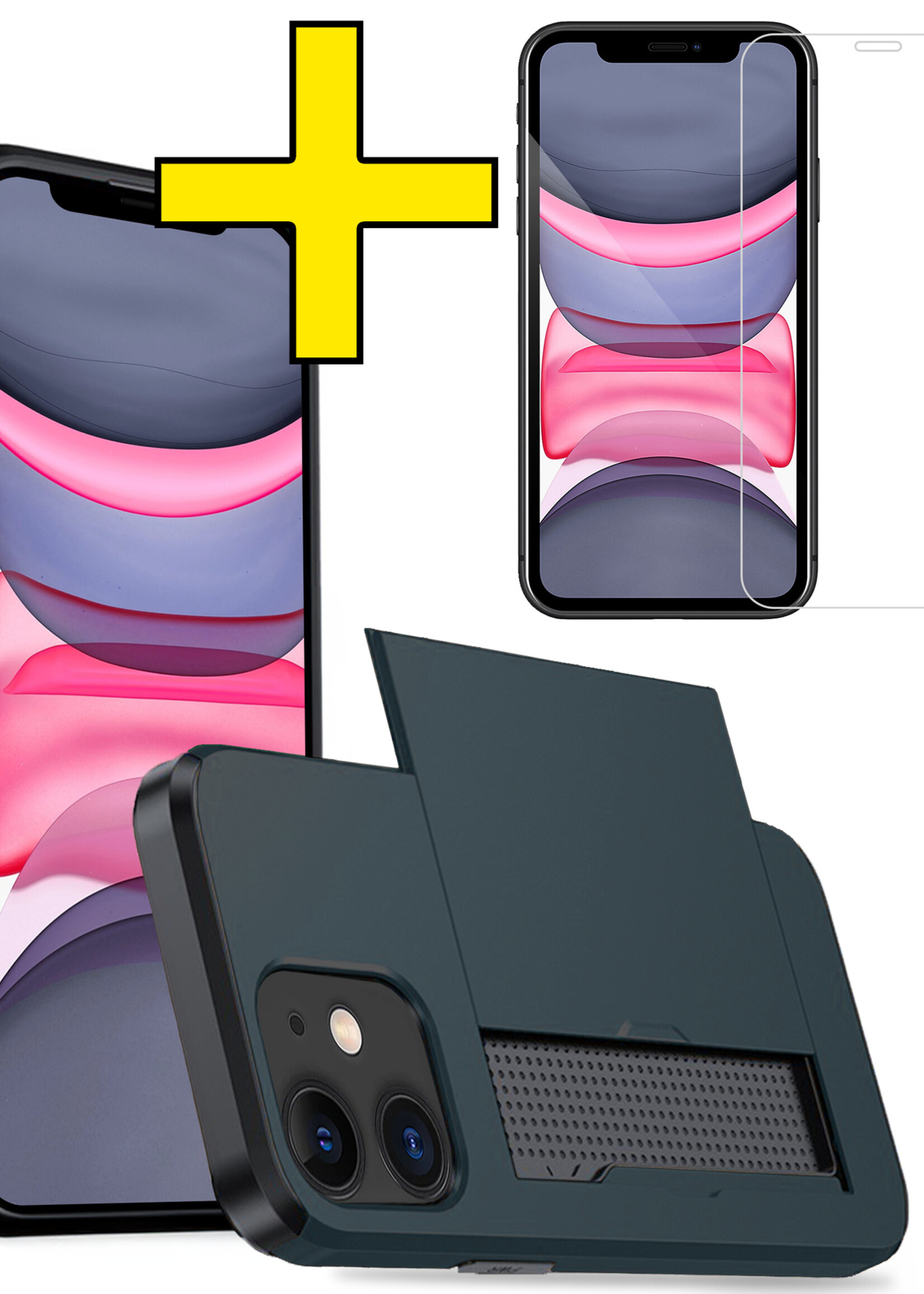 LUQ Hoesje Geschikt voor iPhone 11 Hoesje Case Pashouder Hard Cover Met Screenprotector - Hoes Geschikt voor iPhone 11 Hoesje Met Kaarthouder - Donker Blauw