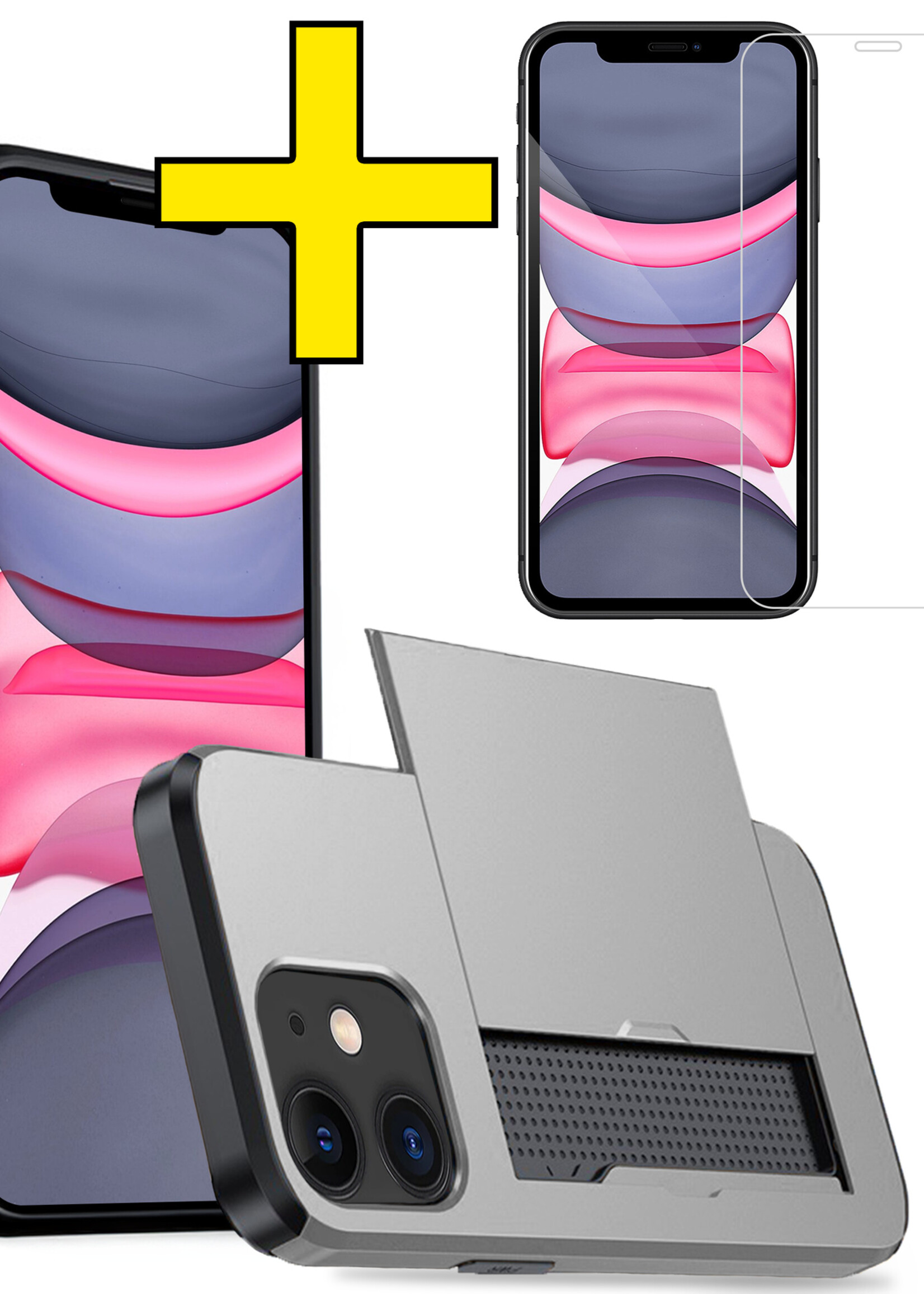 LUQ Hoesje Geschikt voor iPhone 11 Hoesje Case Pashouder Hard Cover Met Screenprotector - Hoes Geschikt voor iPhone 11 Hoesje Met Kaarthouder - Grijs