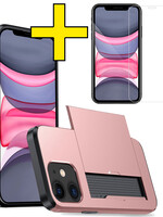 LUQ LUQ iPhone 11 Hoesje Pashouder Hard Met Screenprotector - Rosé Goud