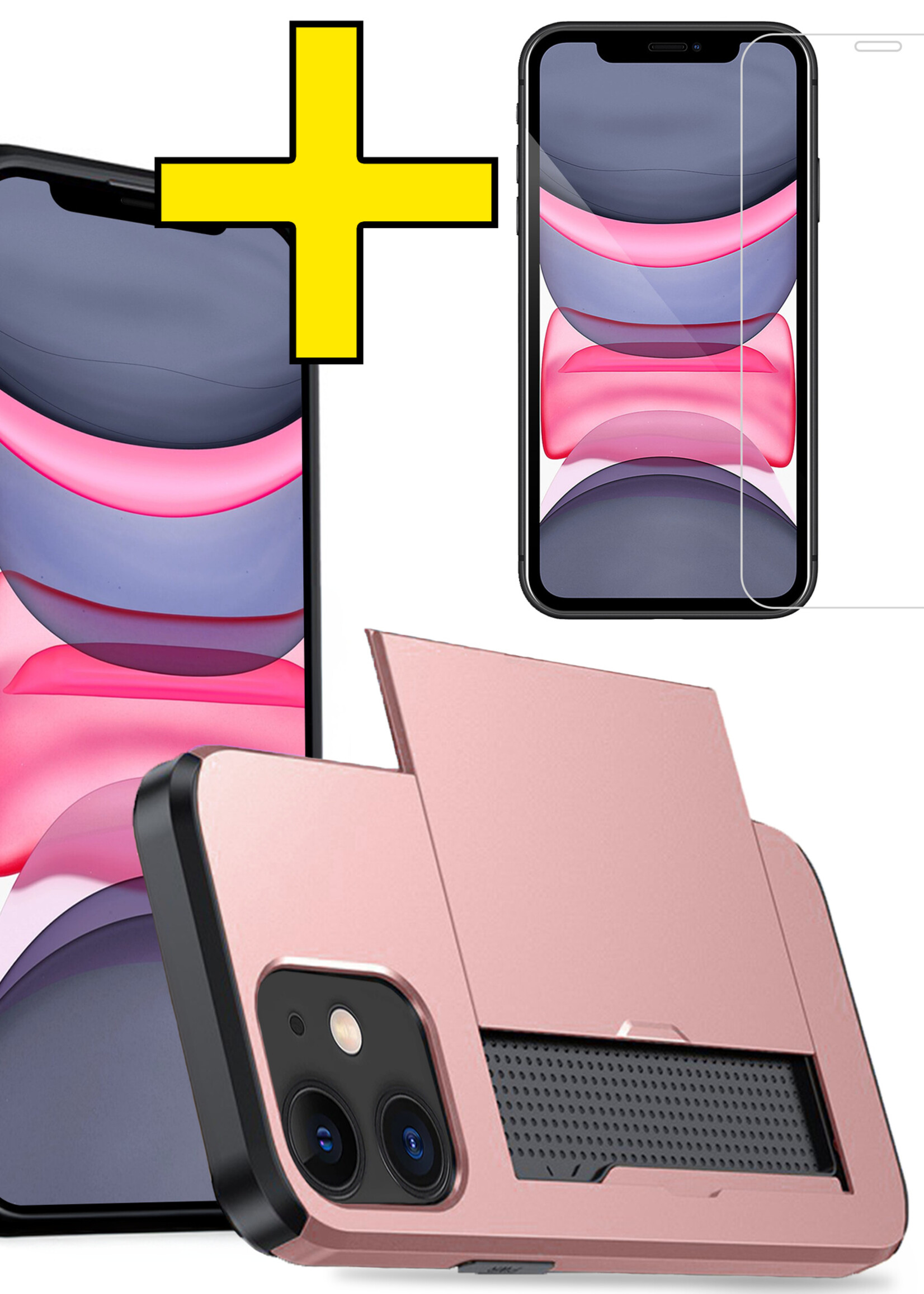 LUQ Hoesje Geschikt voor iPhone 11 Hoesje Case Pashouder Hard Cover Met Screenprotector - Hoes Geschikt voor iPhone 11 Hoesje Met Kaarthouder - Rosé Goud