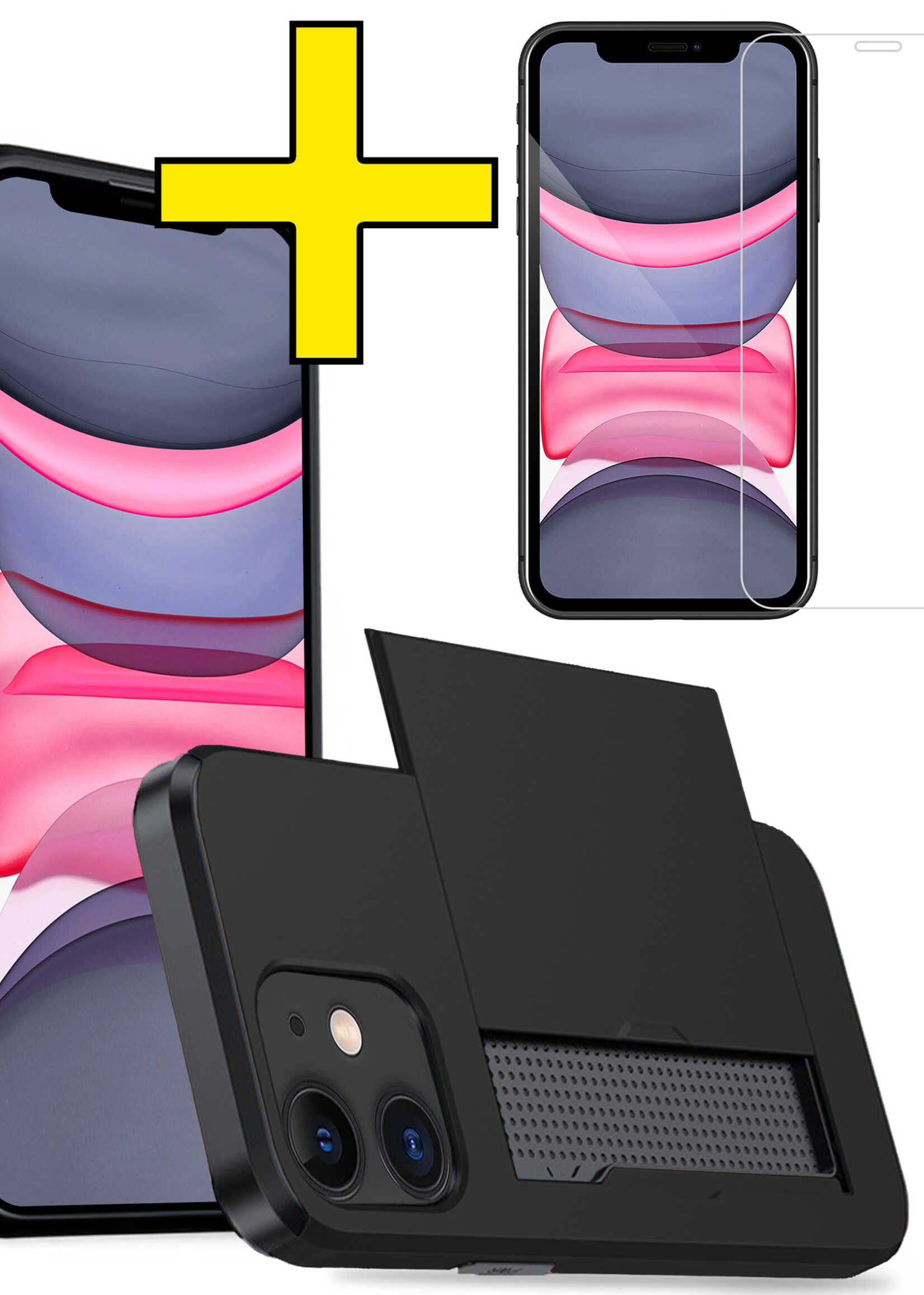 LUQ Hoesje Geschikt voor iPhone 11 Hoesje Case Pashouder Hard Cover Met Screenprotector - Hoes Geschikt voor iPhone 11 Hoesje Met Kaarthouder - Zwart