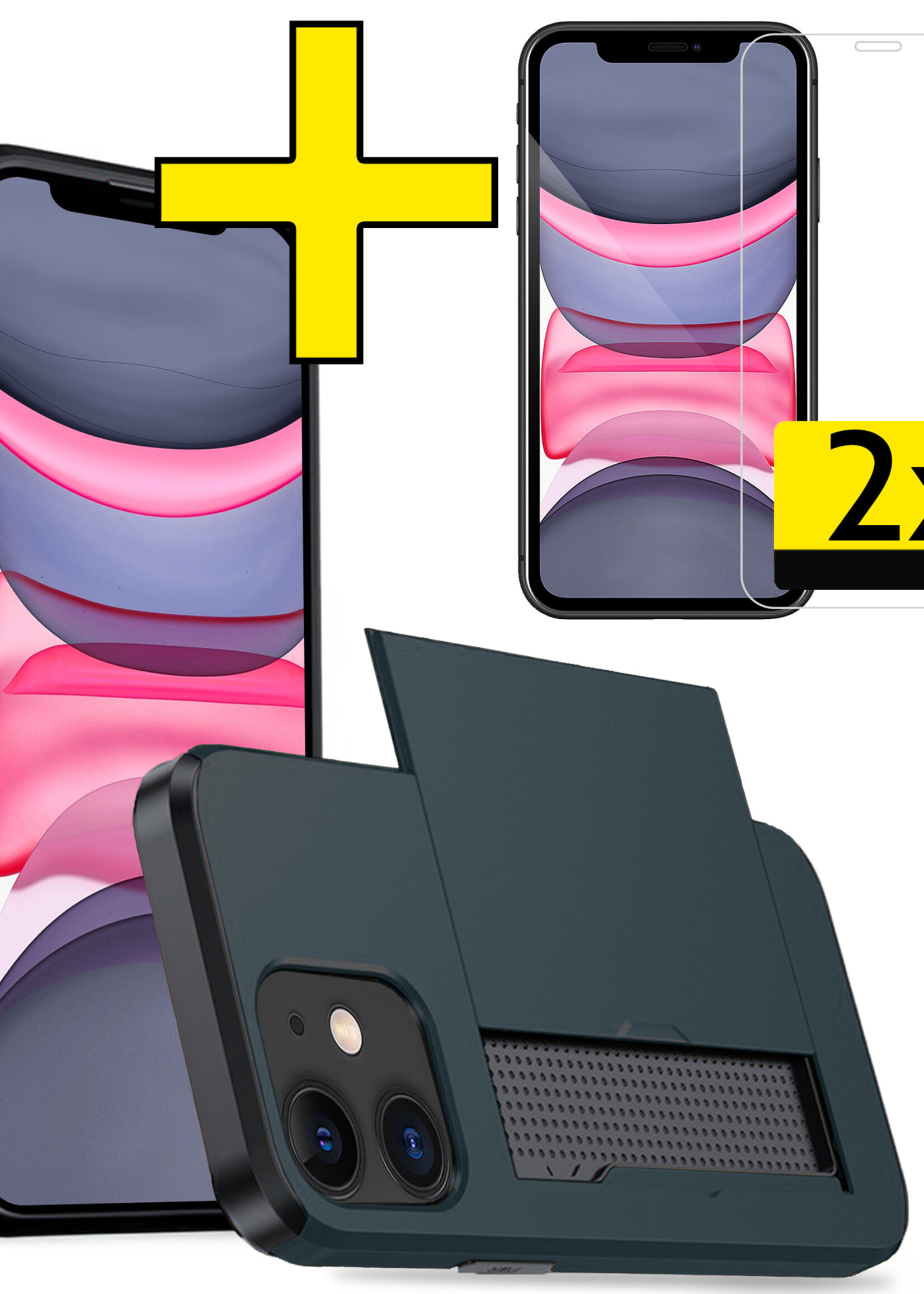 LUQ Hoesje Geschikt voor iPhone 11 Hoesje Case Pashouder Hard Cover Met 2x Screenprotector - Hoes Geschikt voor iPhone 11 Hoesje Met Kaarthouder - Donker Blauw