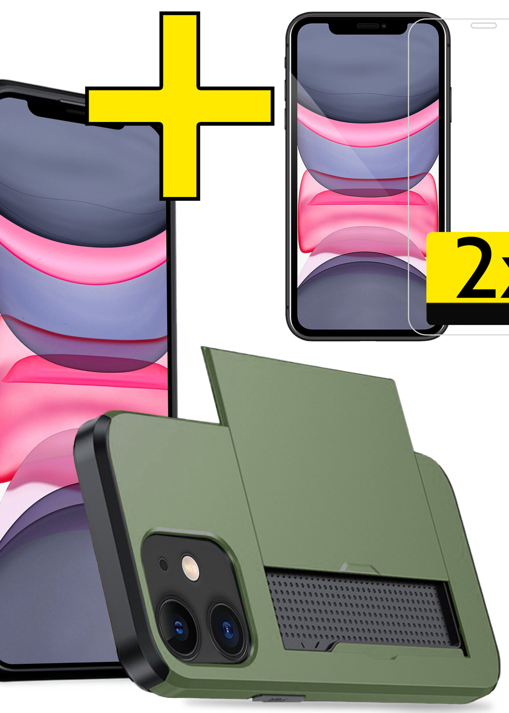 LUQ Hoesje Geschikt voor iPhone 11 Hoesje Case Pashouder Hard Cover Met 2x Screenprotector - Hoes Geschikt voor iPhone 11 Hoesje Met Kaarthouder - Donker Groen