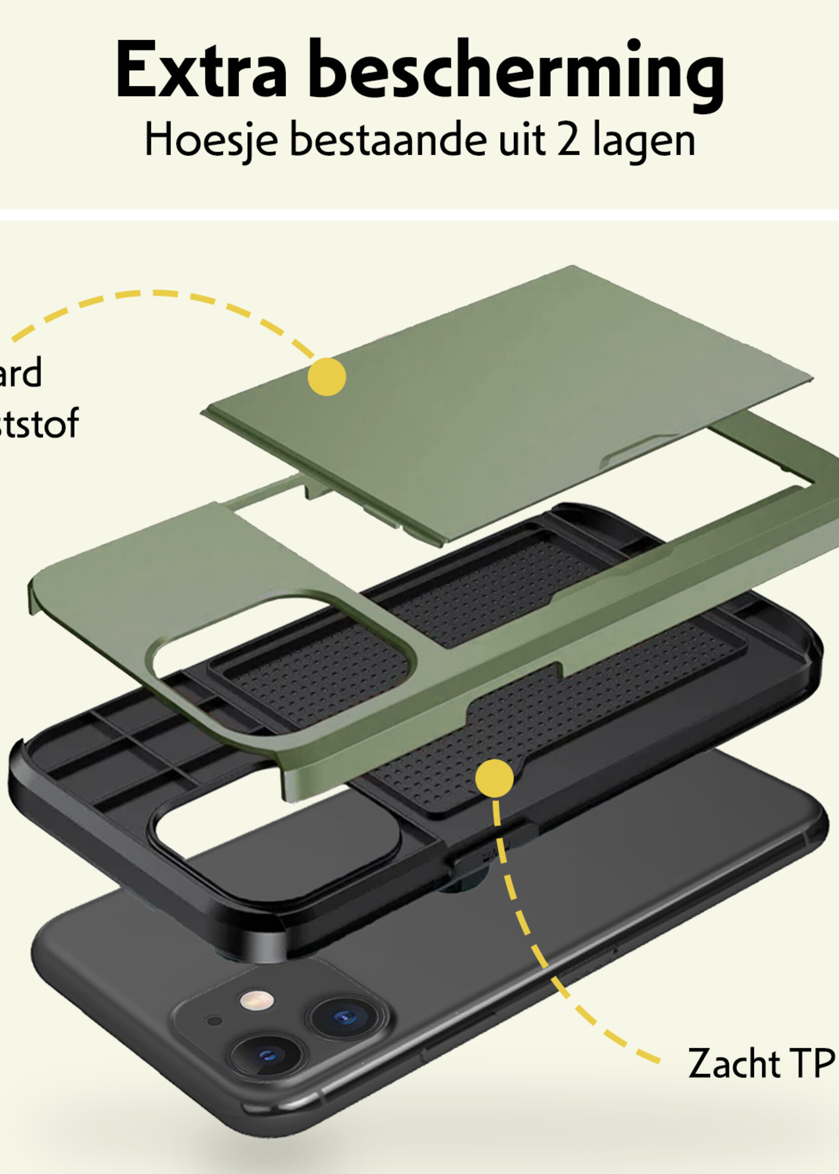 LUQ Hoesje Geschikt voor iPhone 11 Hoesje Case Pashouder Hard Cover Met 2x Screenprotector - Hoes Geschikt voor iPhone 11 Hoesje Met Kaarthouder - Donker Groen