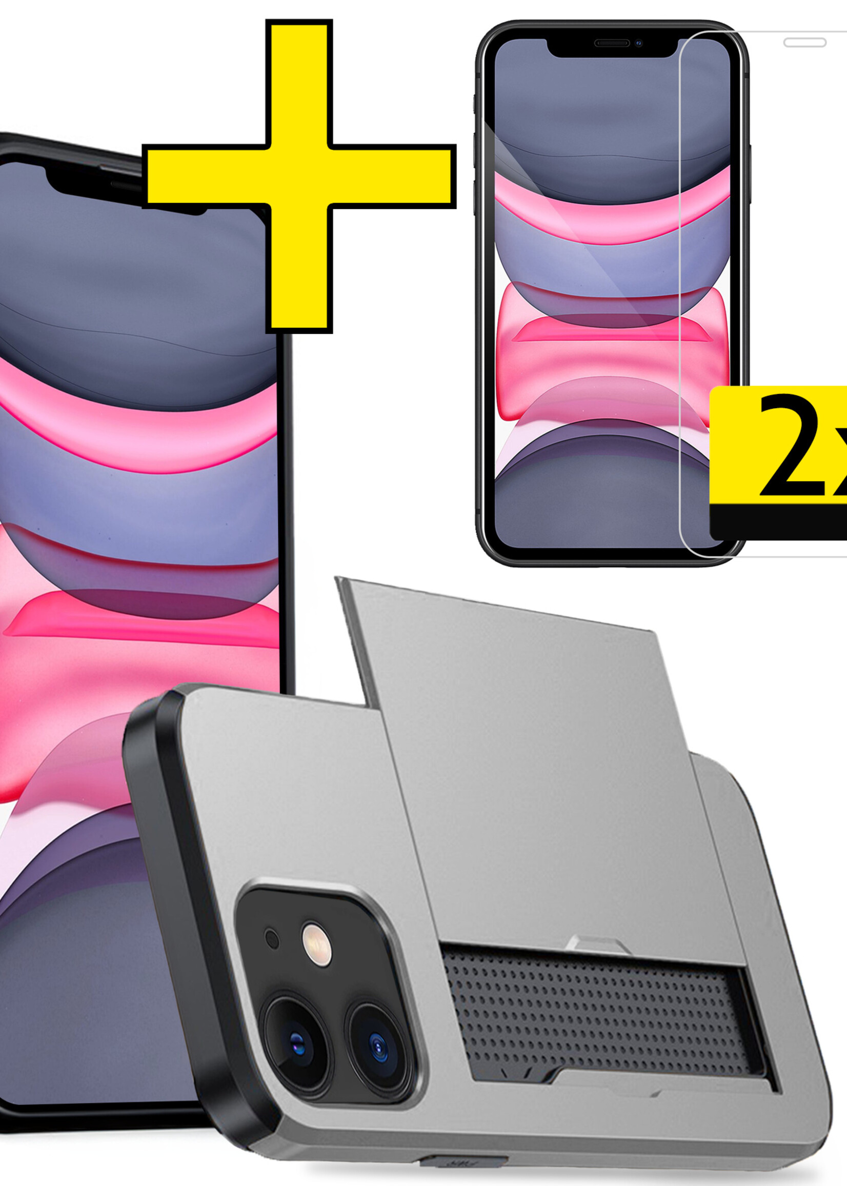 LUQ Hoesje Geschikt voor iPhone 11 Hoesje Case Pashouder Hard Cover Met 2x Screenprotector - Hoes Geschikt voor iPhone 11 Hoesje Met Kaarthouder - Grijs