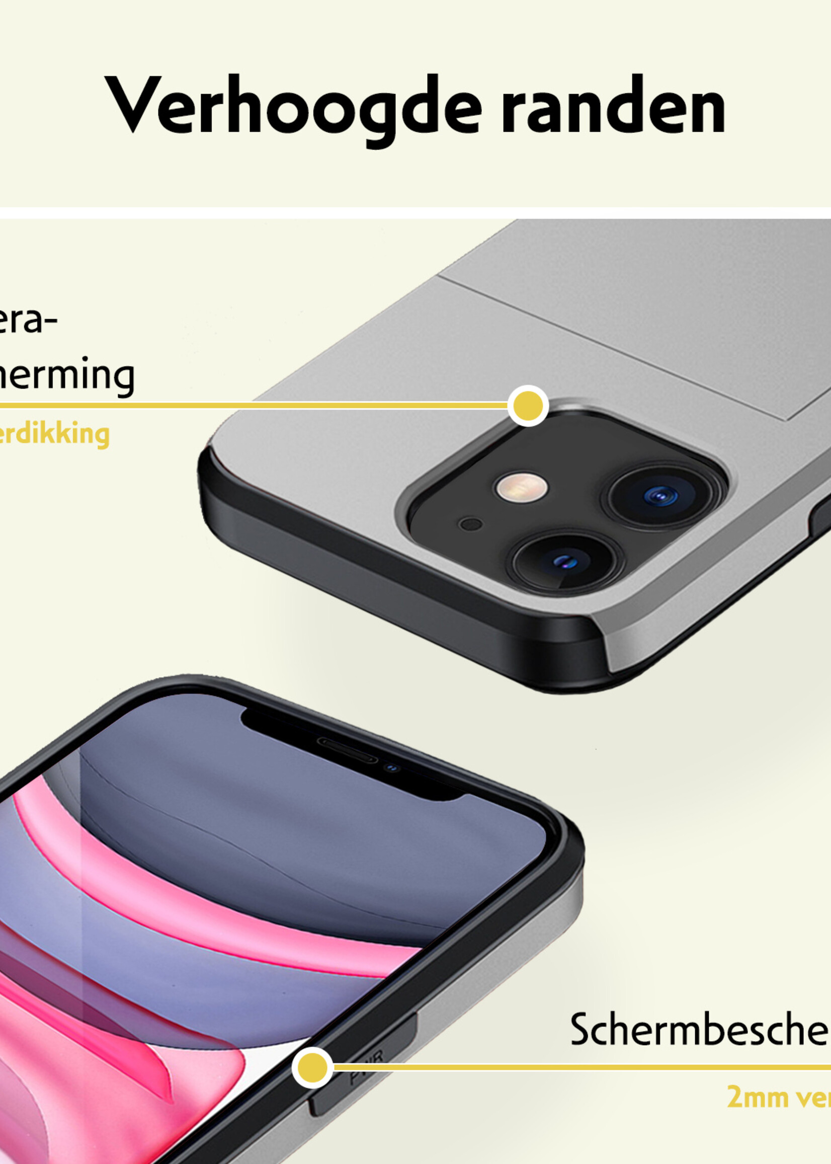 LUQ Hoesje Geschikt voor iPhone 11 Hoesje Case Pashouder Hard Cover Met 2x Screenprotector - Hoes Geschikt voor iPhone 11 Hoesje Met Kaarthouder - Grijs