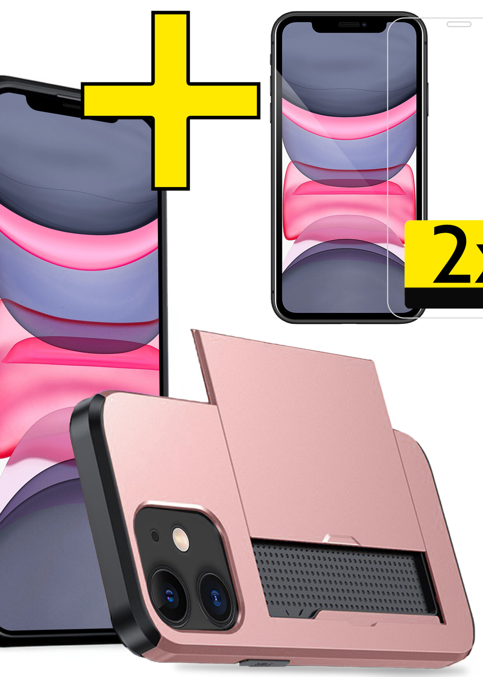 LUQ Hoesje Geschikt voor iPhone 11 Hoesje Case Pashouder Hard Cover Met 2x Screenprotector - Hoes Geschikt voor iPhone 11 Hoesje Met Kaarthouder - Rosé Goud