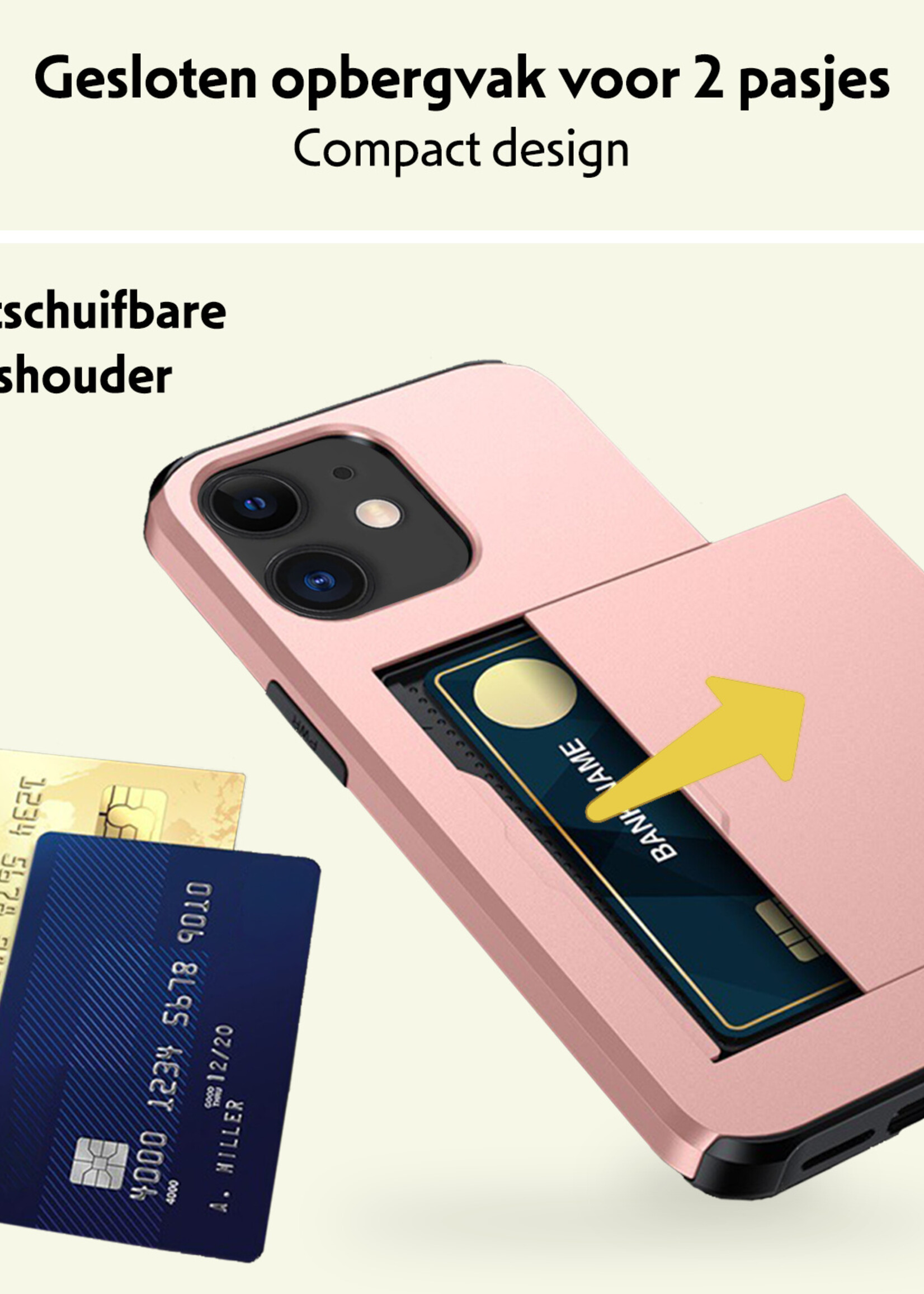 LUQ Hoesje Geschikt voor iPhone 11 Hoesje Case Pashouder Hard Cover Met 2x Screenprotector - Hoes Geschikt voor iPhone 11 Hoesje Met Kaarthouder - Rosé Goud