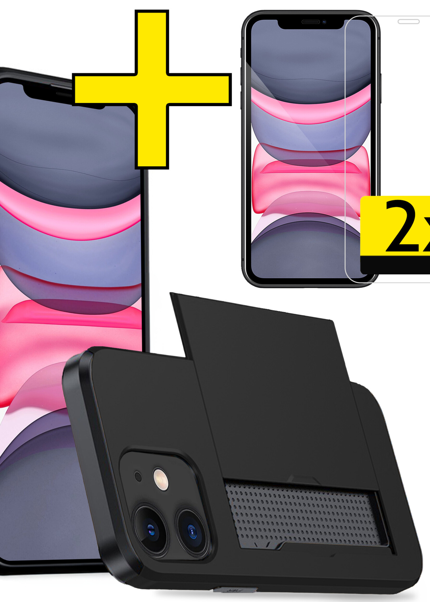 LUQ Hoesje Geschikt voor iPhone 11 Hoesje Case Pashouder Hard Cover Met 2x Screenprotector - Hoes Geschikt voor iPhone 11 Hoesje Met Kaarthouder - Zwart